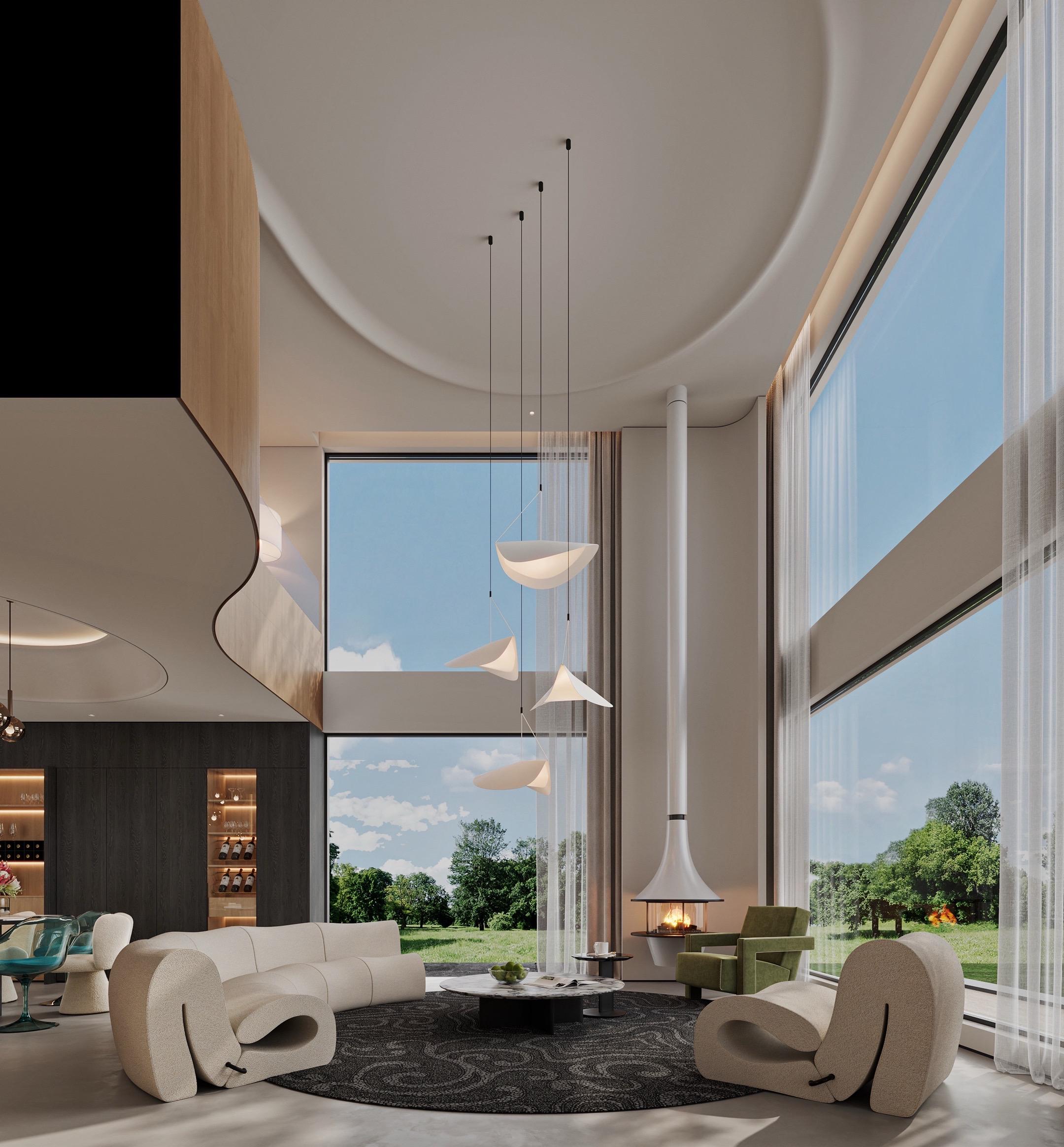 挑空客厅秒变亲子乐园！无电视设计这么香。悬浮火焰壁炉+360°花园视野...