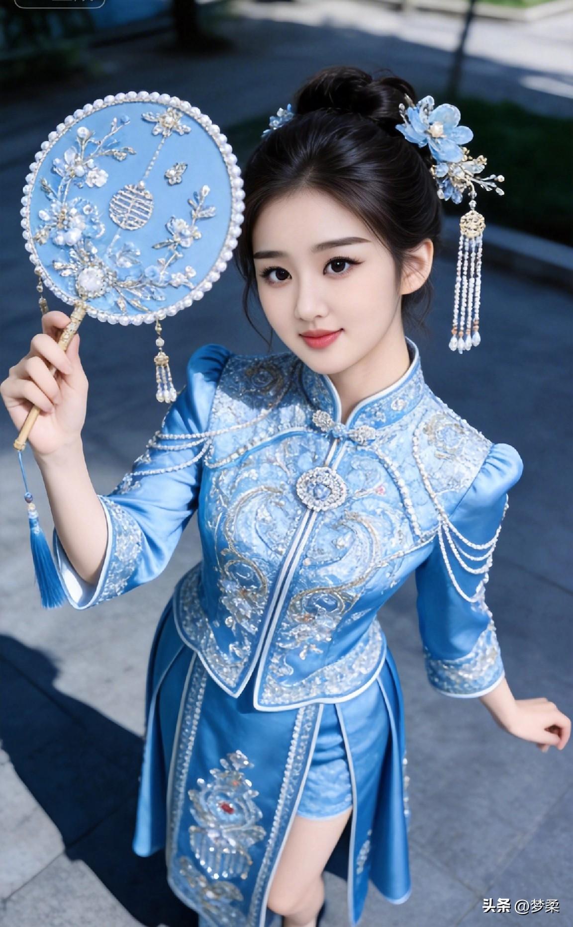 梦幻蓝衣仙女，手持花扇，优雅动人