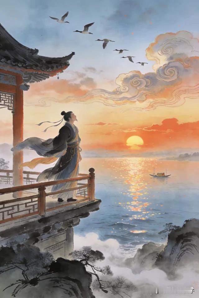 醉凭江阁意飞扬，
云卷霞舒雁一行。
万顷波光摇落日，
千里行舟念故乡。