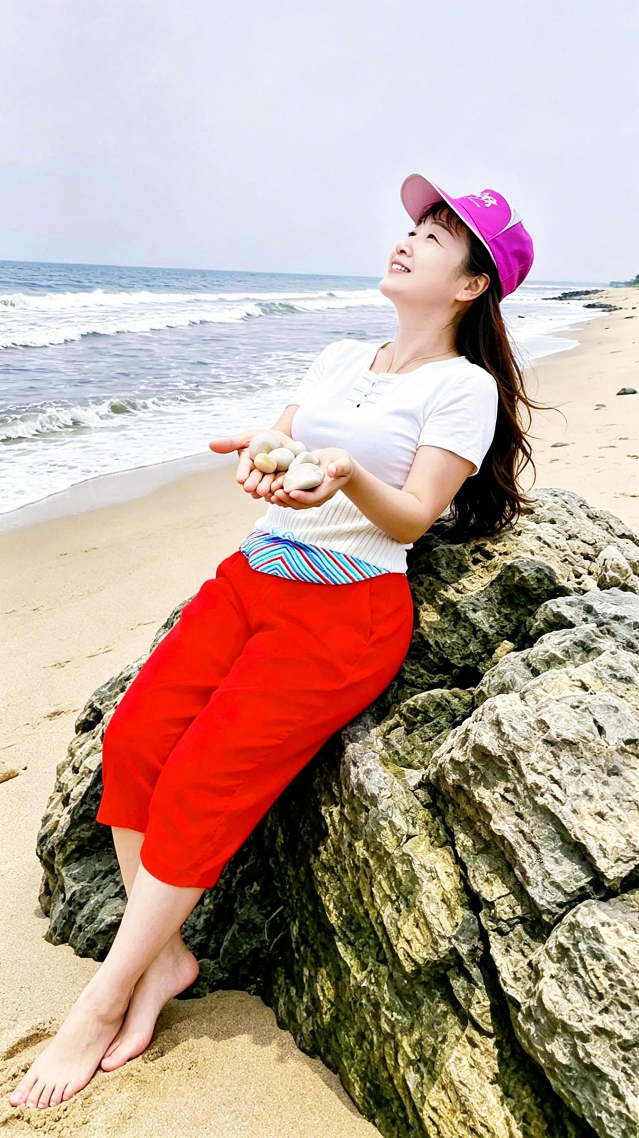 在这片蔚蓝海岸，红裙与海风共舞，仿佛是大海送来的礼物。阳光洒在沙滩上，每一步都像