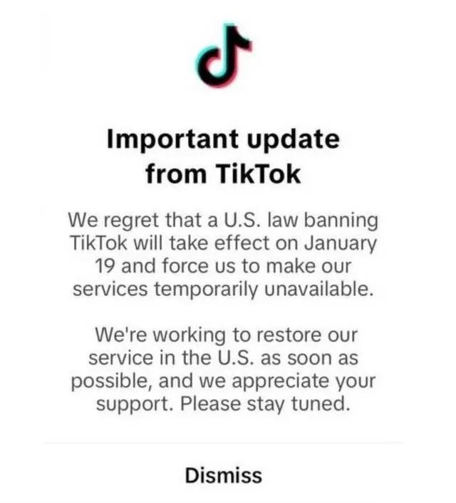 TikTok已经开始给鹰酱用户弹窗了，告诉他们1月19号将正式暂停服务。在这则弹