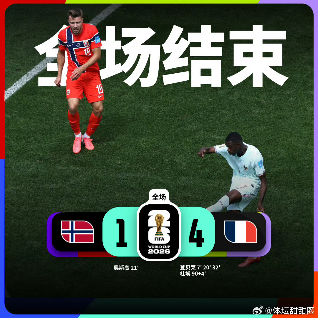 挪威1比4法国 世界杯小组赛I组第三轮，挪威vs法国。上半场登贝莱帽子戏法，继上