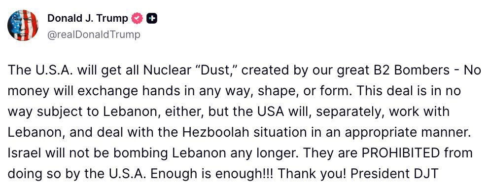 川普宣佈以色列不再被允許轟炸黎巴嫩——表示美國「禁止」任何進一步行動。與伊朗達成