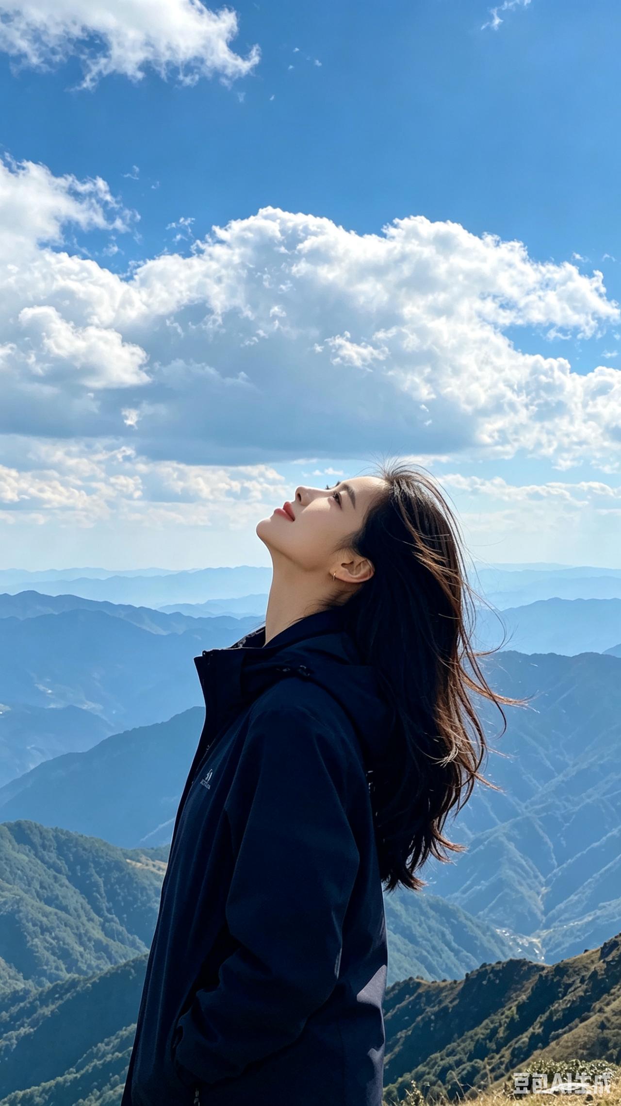 山巅望云
独立峰巅意自闲，云卷云舒碧空绵。
青丝漫舞清风里，玉指轻抬望远山。
心