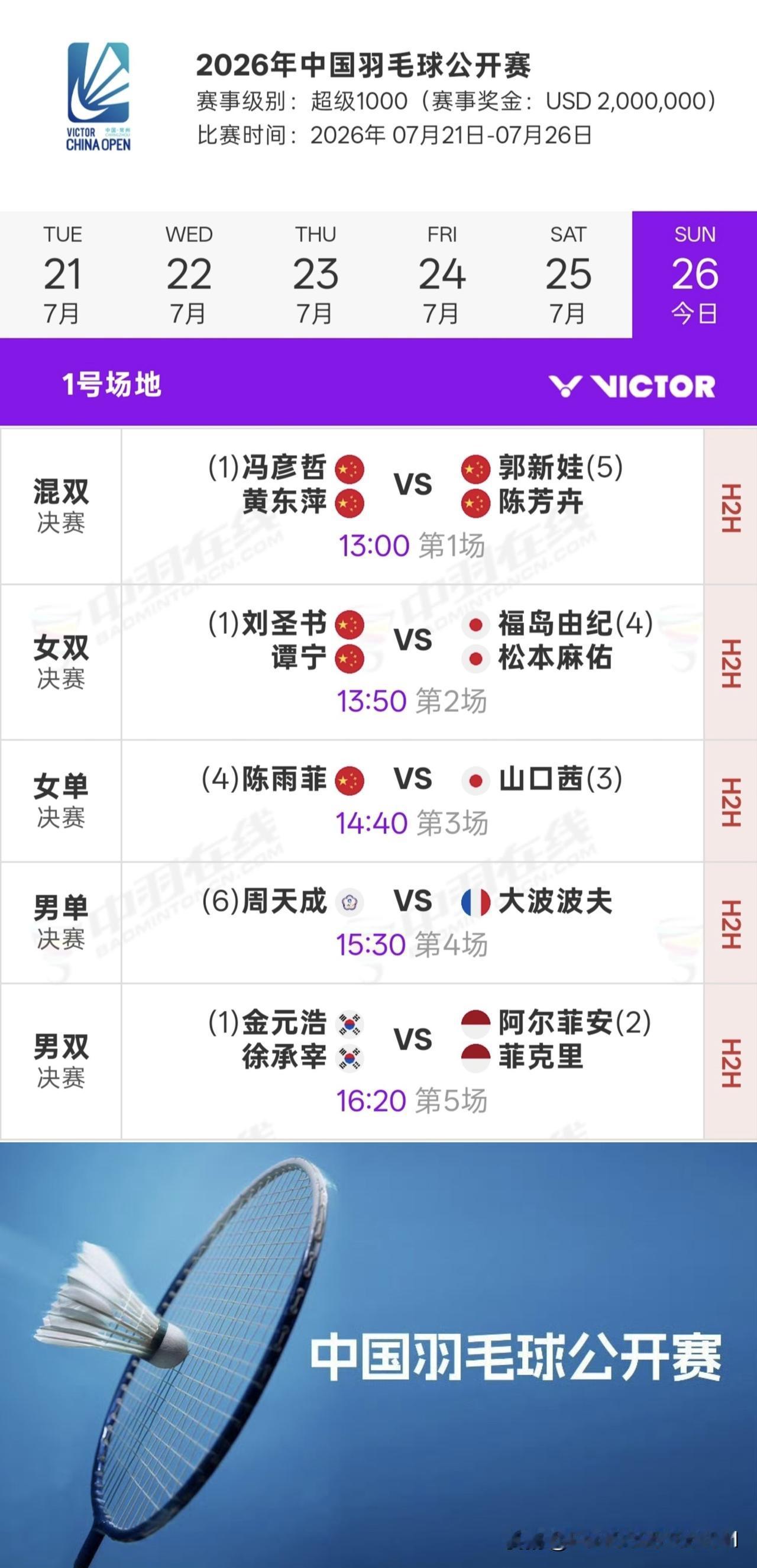 中国羽毛球赛决赛日赛事信息
7月26日（周日）下午13：00开打
赛事时间仅供参