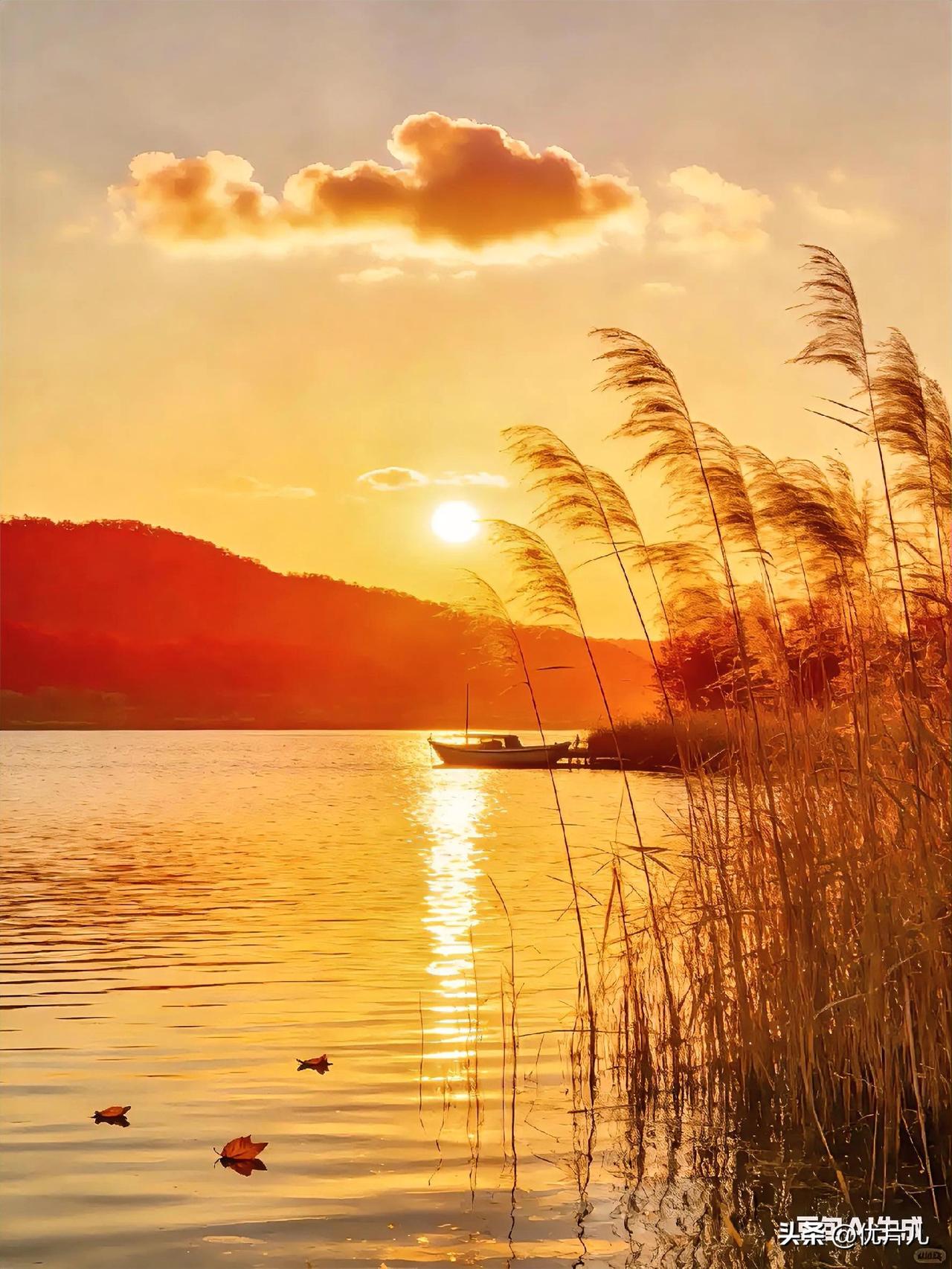 《落日归山海》，藏尽温柔与浪漫
夕阳把湖面染成暖金色，
芦苇在风里轻轻摇晃，
连