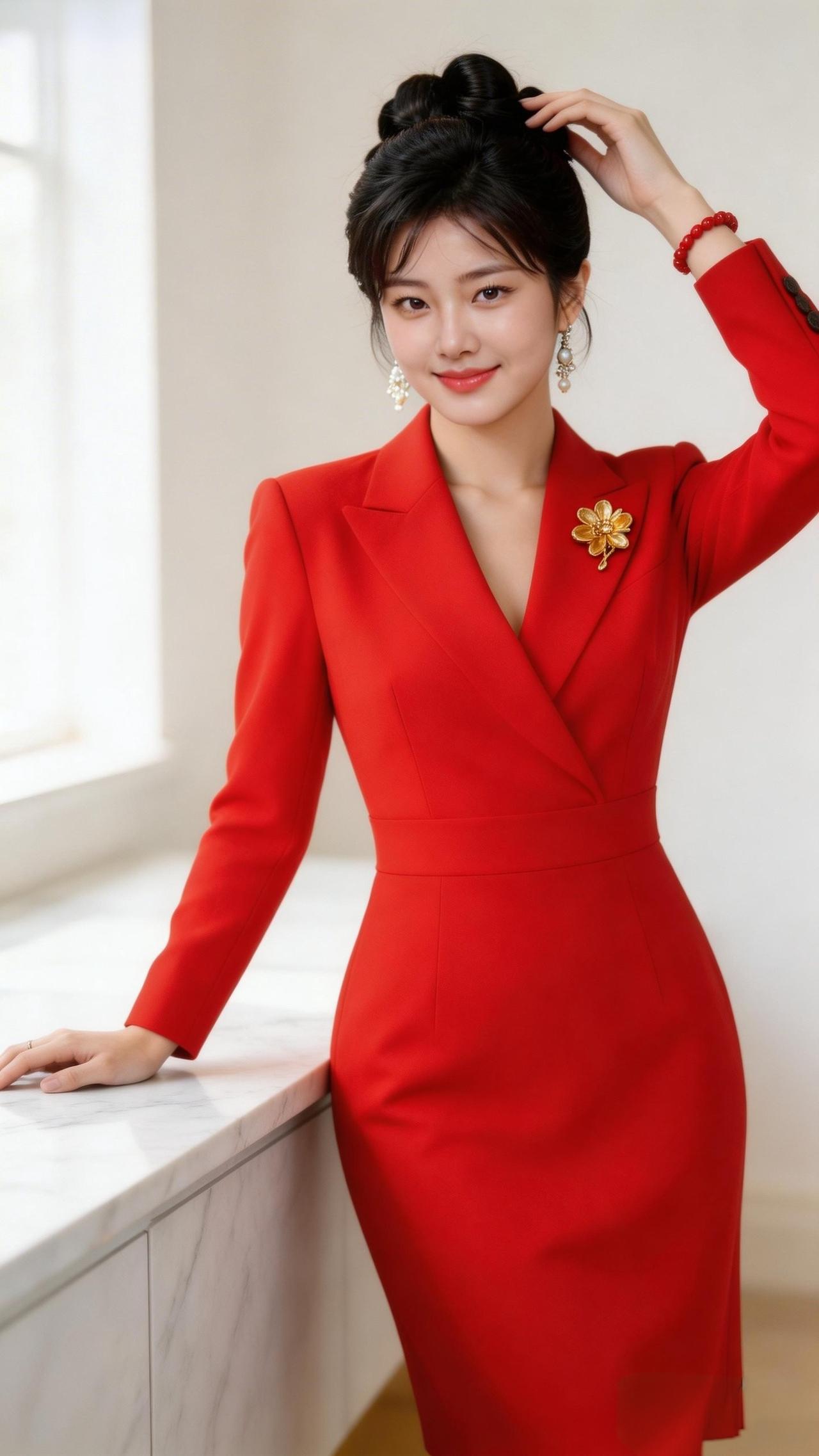 优雅红裙，自信绽放，职场女性魅力无限！