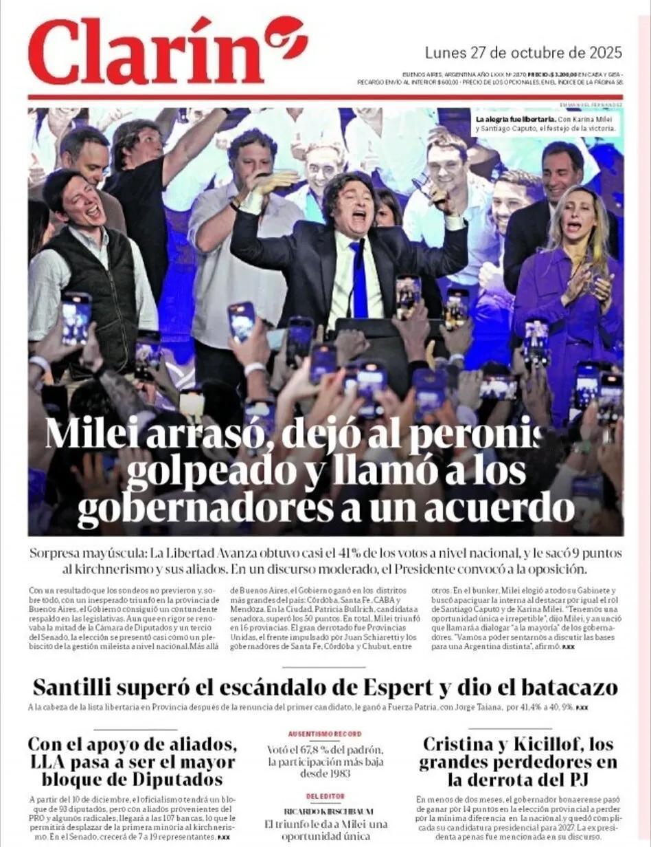 阿根廷《号角报》头版称 ，米莱大获全胜，让“庇隆主义”遭受重创，并呼吁阿根廷省长
