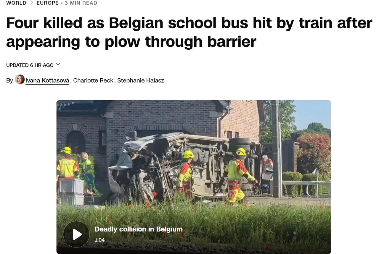 比利时一辆校巴与火车相撞，造成4人死亡，多人受伤
当地时间周二上午，比利时北部一