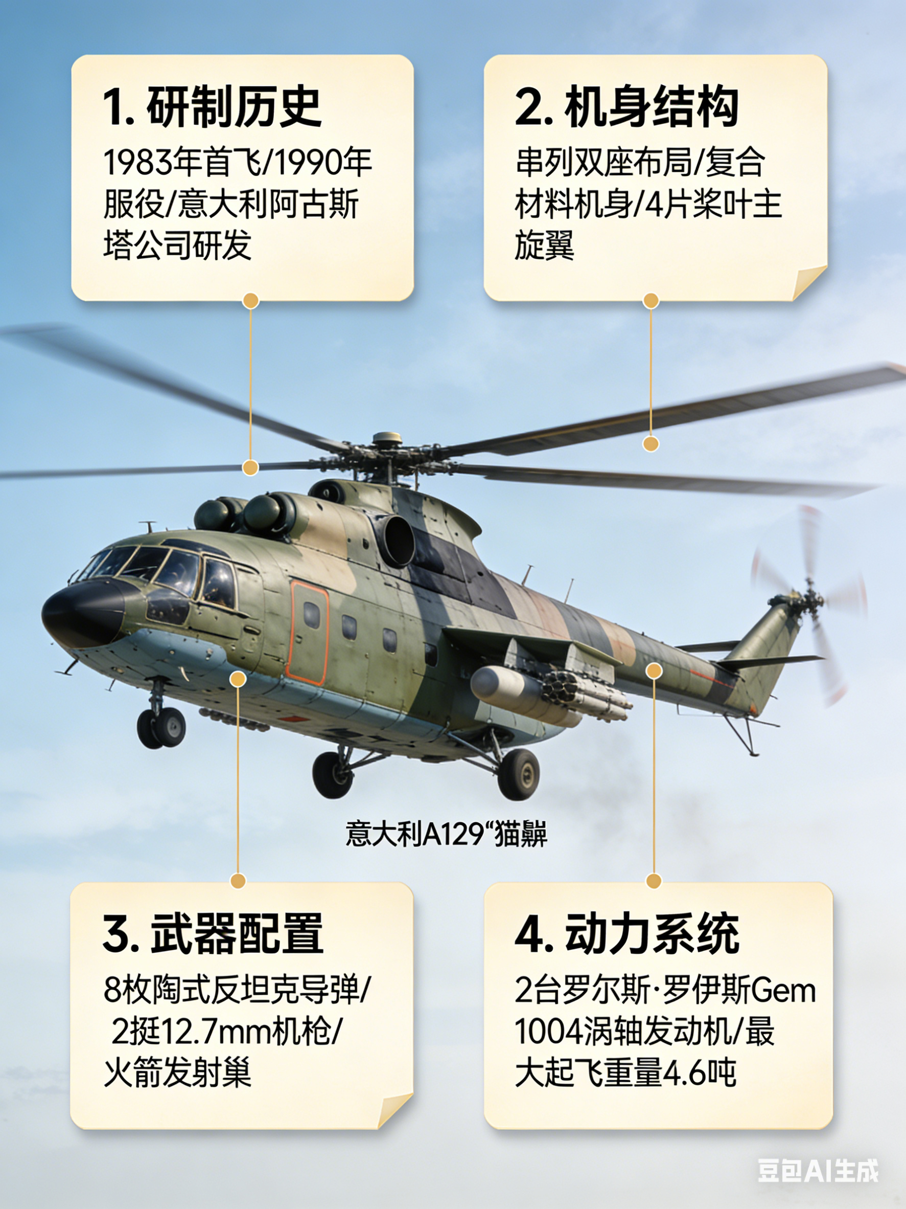 军事ai新视野 意大利 A129 “猫鼬” 武装直升机A129是阿古斯塔公司研制