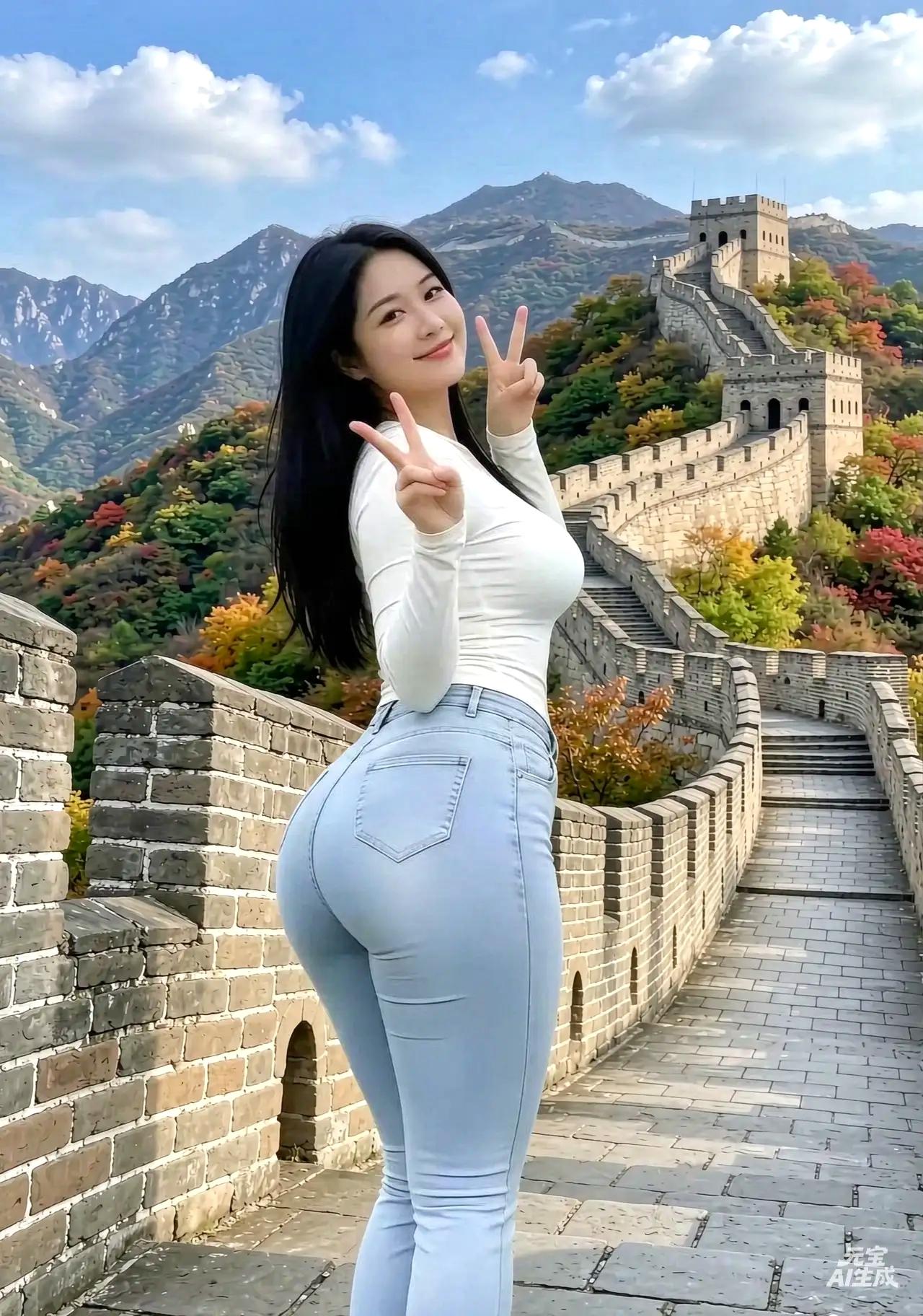 大姑娘美大姑娘浪，
大姑娘来到长城上。
回身比出两手剪刀，
笑揽河山神采飞扬。