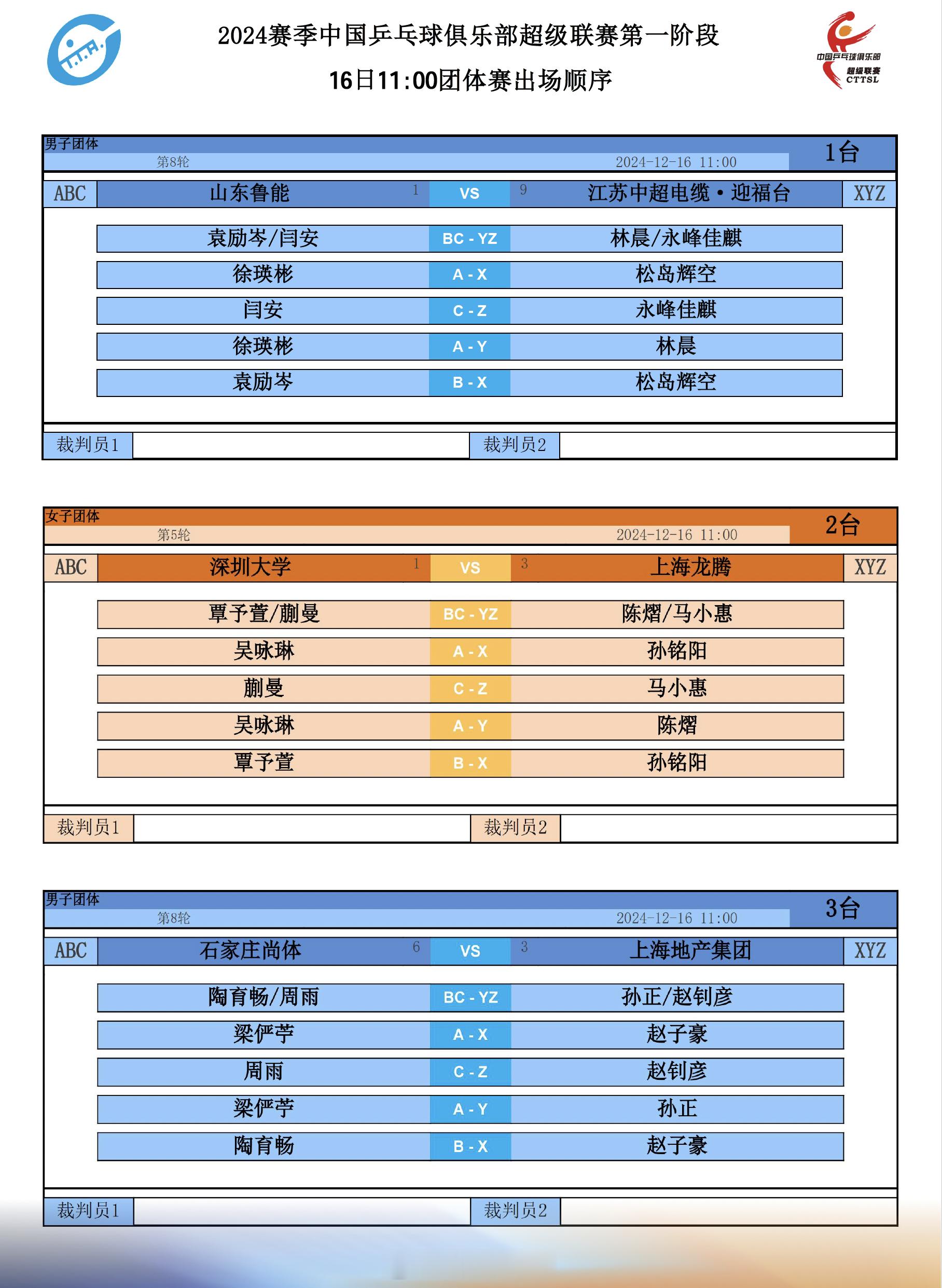 2024乒超联赛  16日继续进行，11时轮次比赛的双方出场顺序如图。黄石基地和