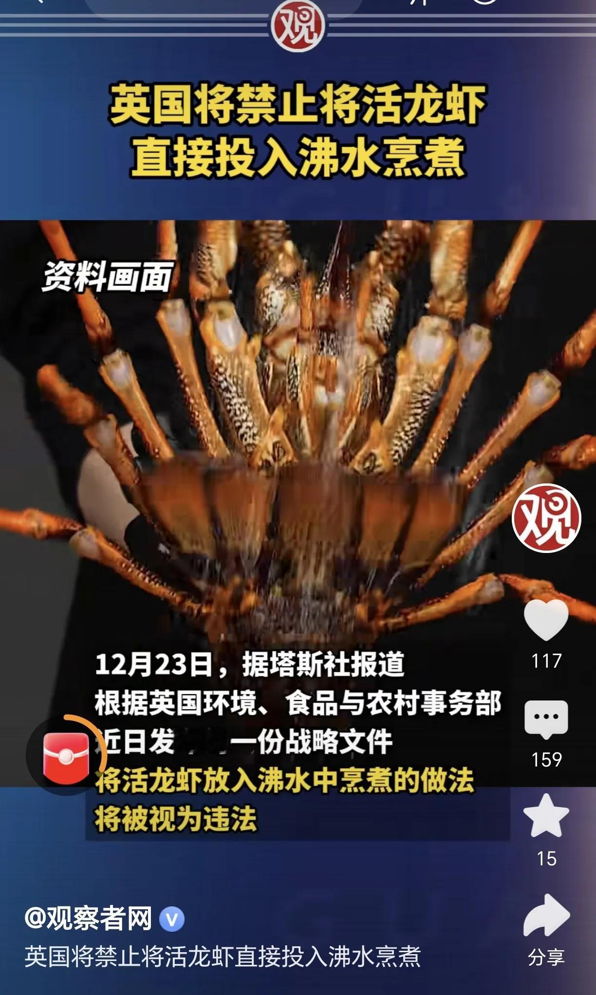 英国推出的法律真是有趣，直接将活龙虾放入沸水中烹煮是违法的，要冷冻或者电击昏迷才