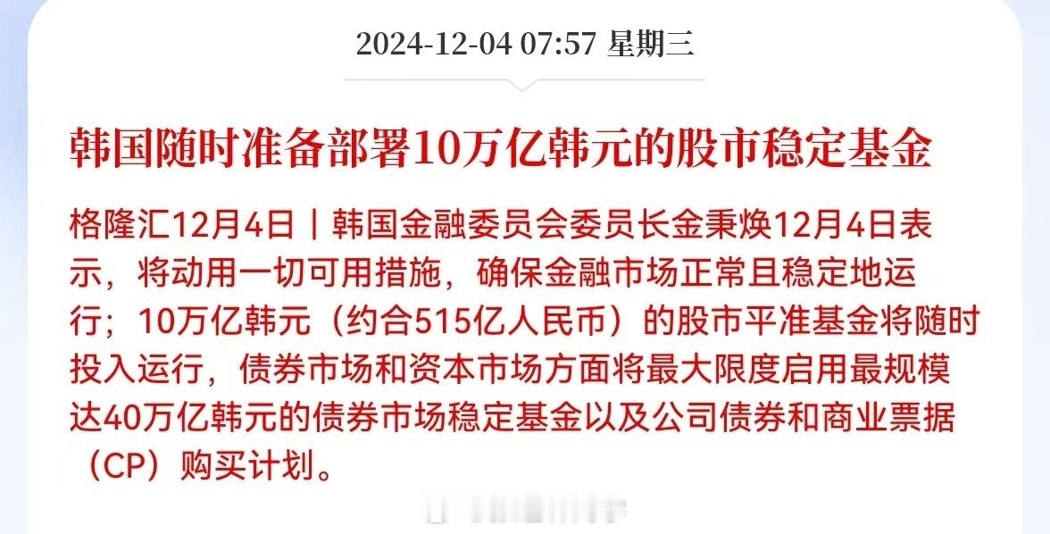 韩国随时准备部署10万亿韩元的股市稳定基金！今天韩国综合指数才跌1.2%… 