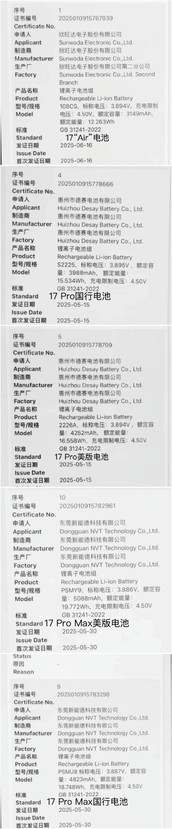 iPhone17系列国行版的电池容量曝光了（靠谱版），具体如下：

iPhone