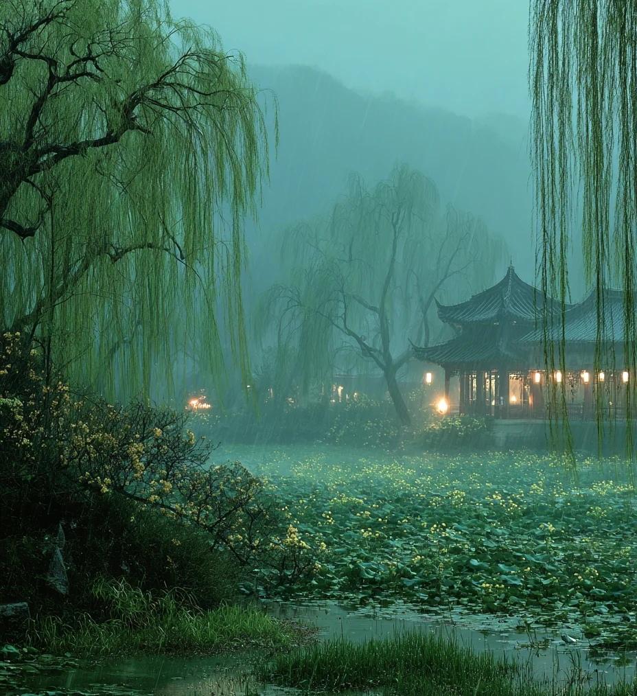 《六月雨》
柳垂万缕不垂情，一雨撑过一点晴。
小径不知人去处，踮云偷眼送几程。