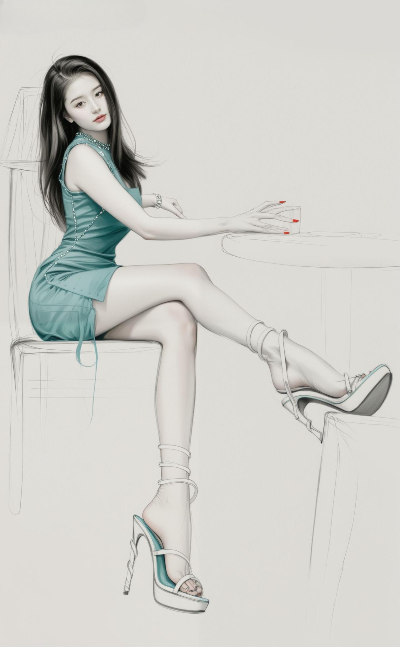 一个女孩穿着蓝色连衣裙，坐在椅子上。