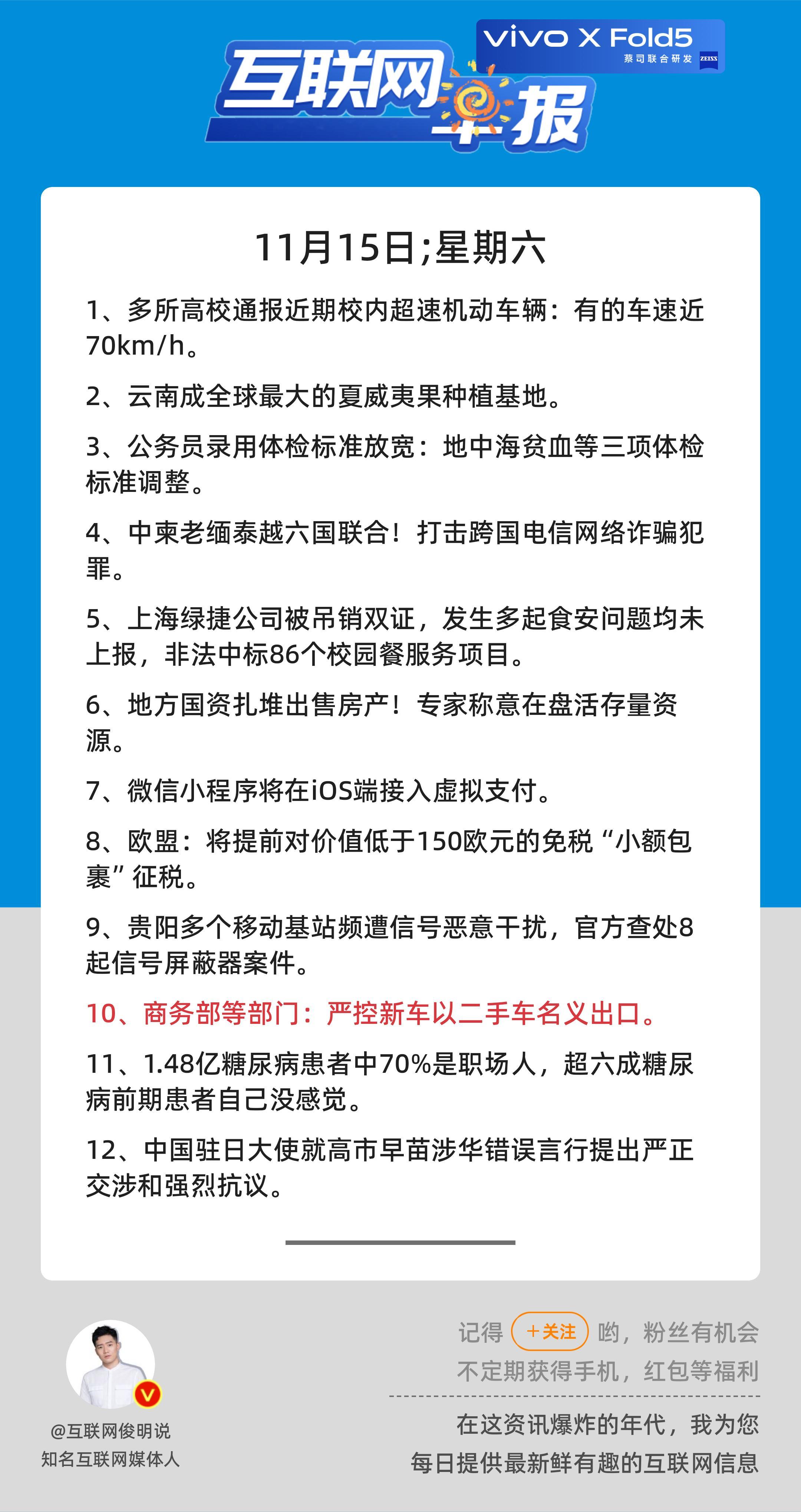 11月15日，星期六，《第2958期》；关心第10条：商务部等部门：严控新车以二