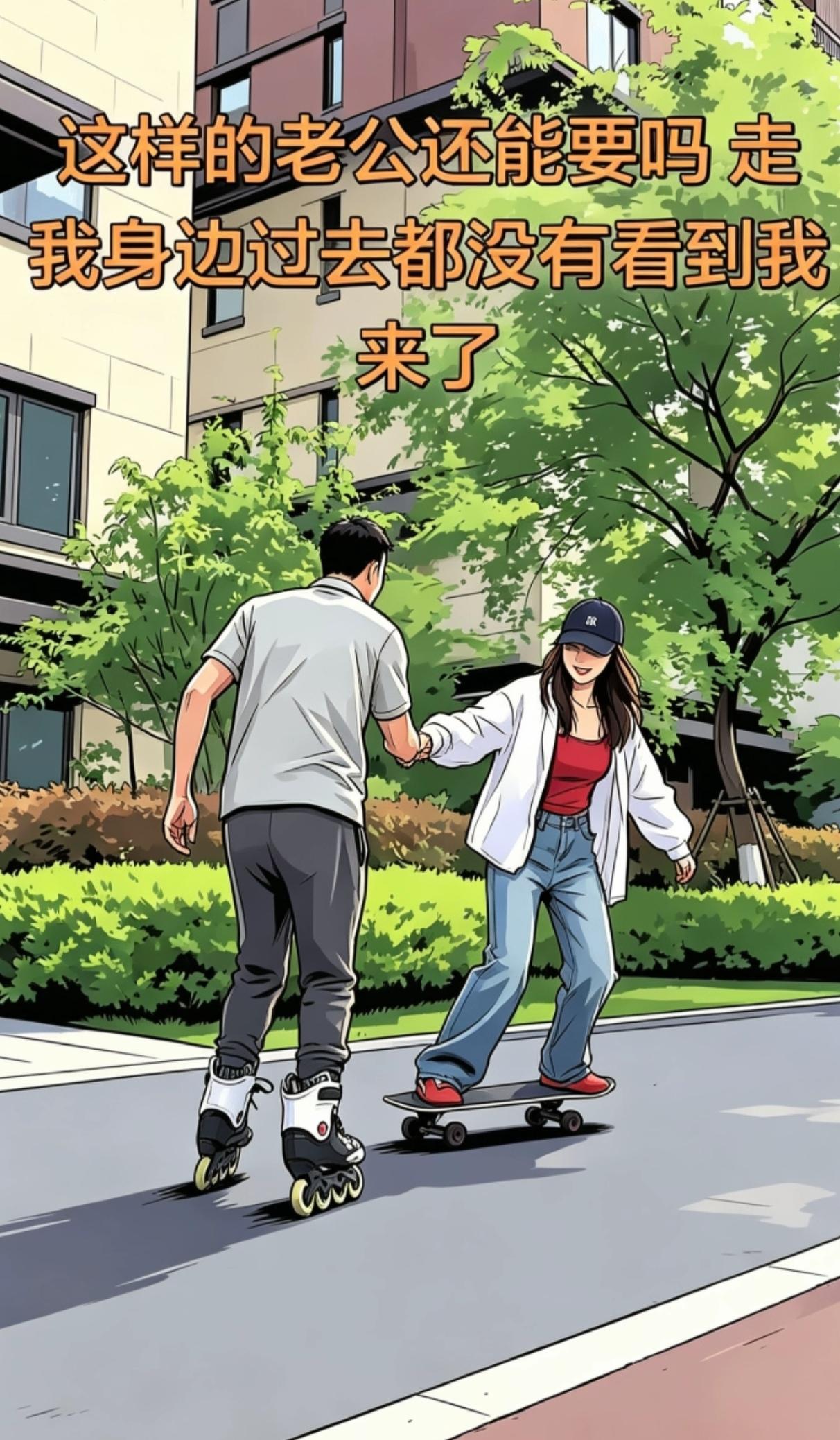 我挺佩服一个女的，她老公每天和好几个女的一起玩滑板车，手拉手玩。她就在旁边看着，