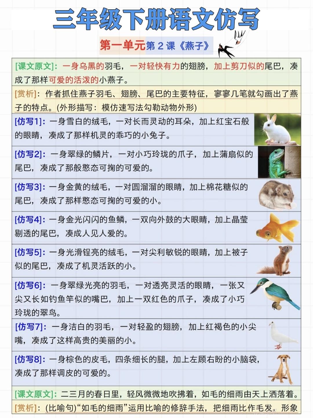 三年级下册语文仿写小练笔，第一单元第2课《燕子》课内好句仿写，收藏备用小学生仿写