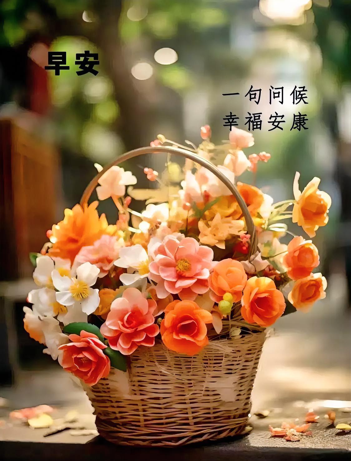 早安！花篮盛满温柔与问候，愿你今日如花般绽放，幸福安康，笑意盈盈。