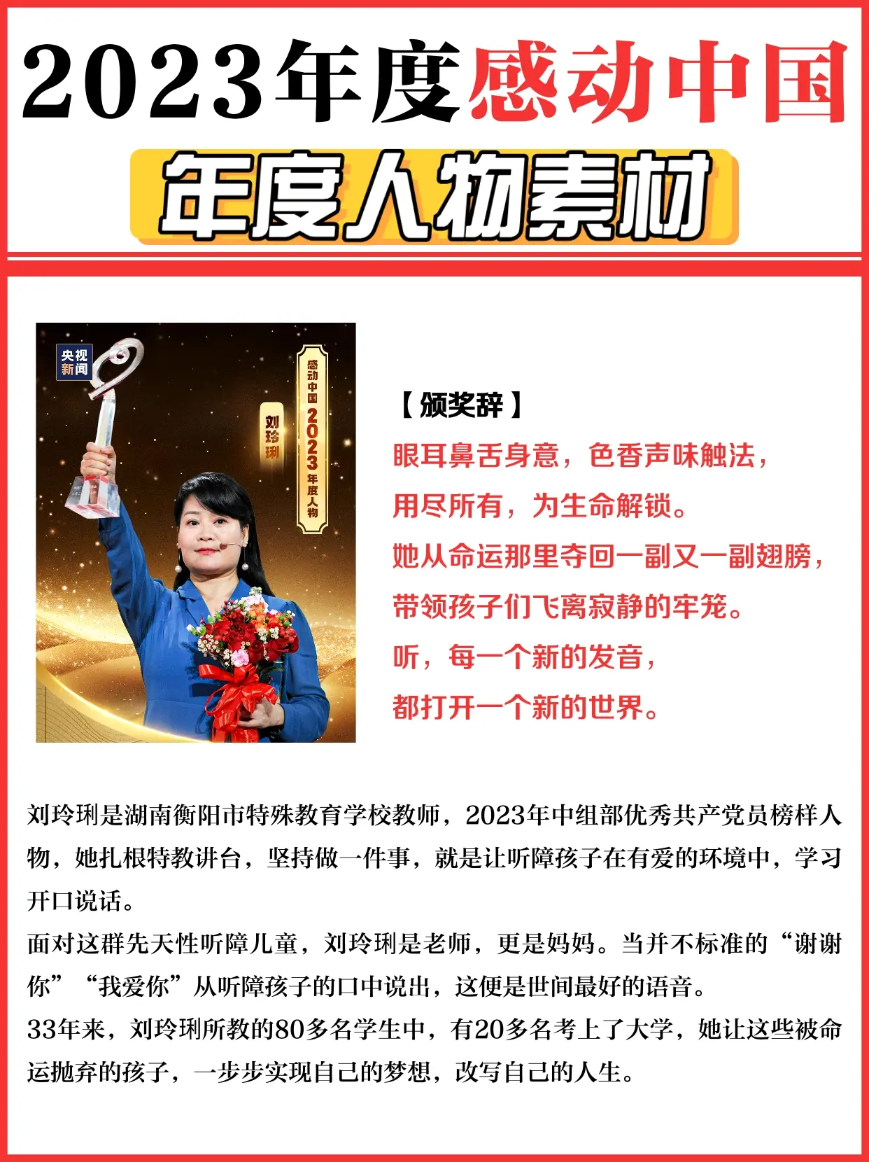 2023年感动中国人物素材💖素材积累。💖俞鸿儒
📖【适用主题】1、无私奉献 2、家国情怀 3、坚持创新 4、攻坚克难
💖刘玲琍
📖【适用主题】1、深耕教育 2、平凡坚守 3、坚持理想
💖孟二梅
📖【适用主题】1、无私奉献2、心系群众 3、担当作为 4、不忘初心
💖张雨霏
📖【适用主题】1、青年力量 2、奋斗拼搏3、体育精神
💖杨华德
📖【适用主题】1、家国情怀 2、坚守 3、不忘初心
💖牛犇
📖【适用主题】1、坚守初心2、榜样力量3、奉献
💖穆言灵
📖【适用主题】1、文化交流与传递 2、和平3、坚守初心
💖张连钢
📖【适用主题】1、自主创新 2、奋斗拼搏3、迎难而上
💖萧凯恩
📖【适用主题】1、积极乐观 2、追逐梦想3、奉献精神
💖空军航空兵某团飞行二大队
📖【适用主题】1、爱国 2、突破自我3、迎难而上省考事业单位都可用