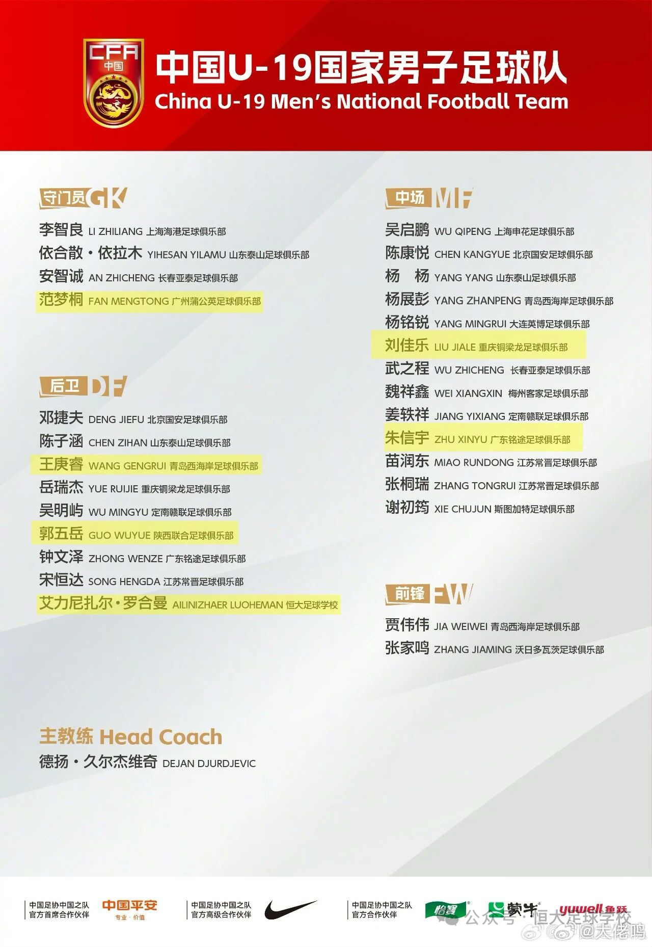 恭喜，又一波大丰收的感觉：培养9名球员跻身U19、U23及国家队集训名单，顺利参