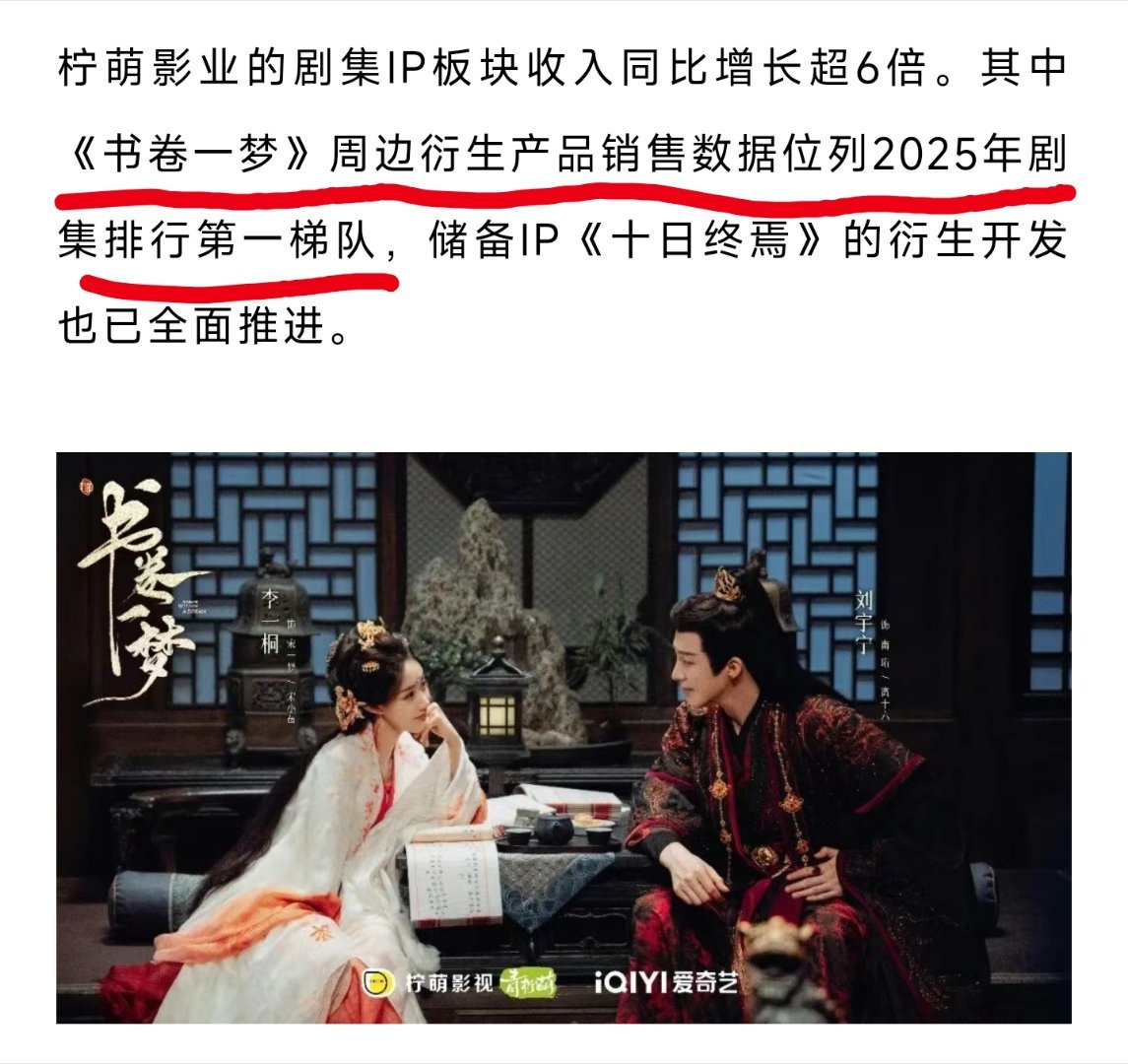 好消息不断，刘宇宁主演的《书卷一梦》频频上各大财报新闻——敲重点:2025年，内