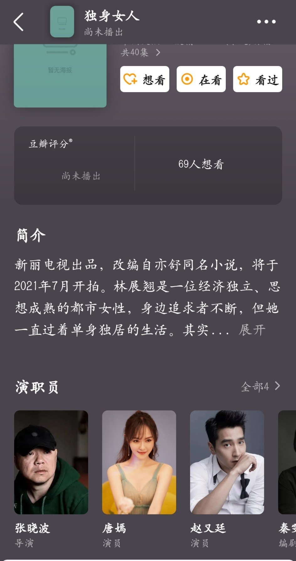 独身女人这个阵容，唐嫣虽然不是我喜欢的长相，但至少演技可以，粉丝也不作妖 ​​​