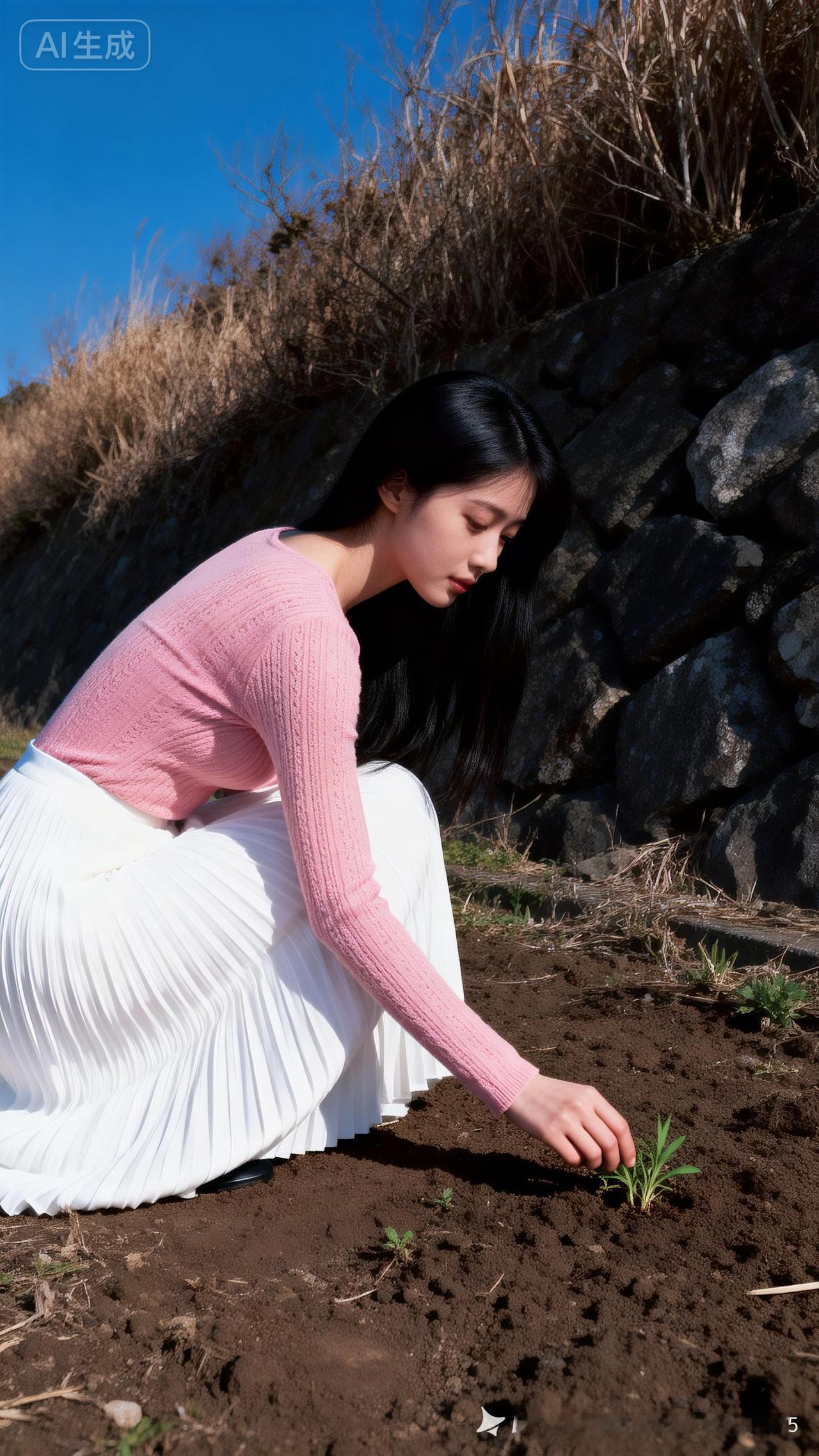 优雅美女纯黑长发，粉针织衫配白百褶长裙，侧身蹲地轻触小草低头温柔凝视，左下构图头