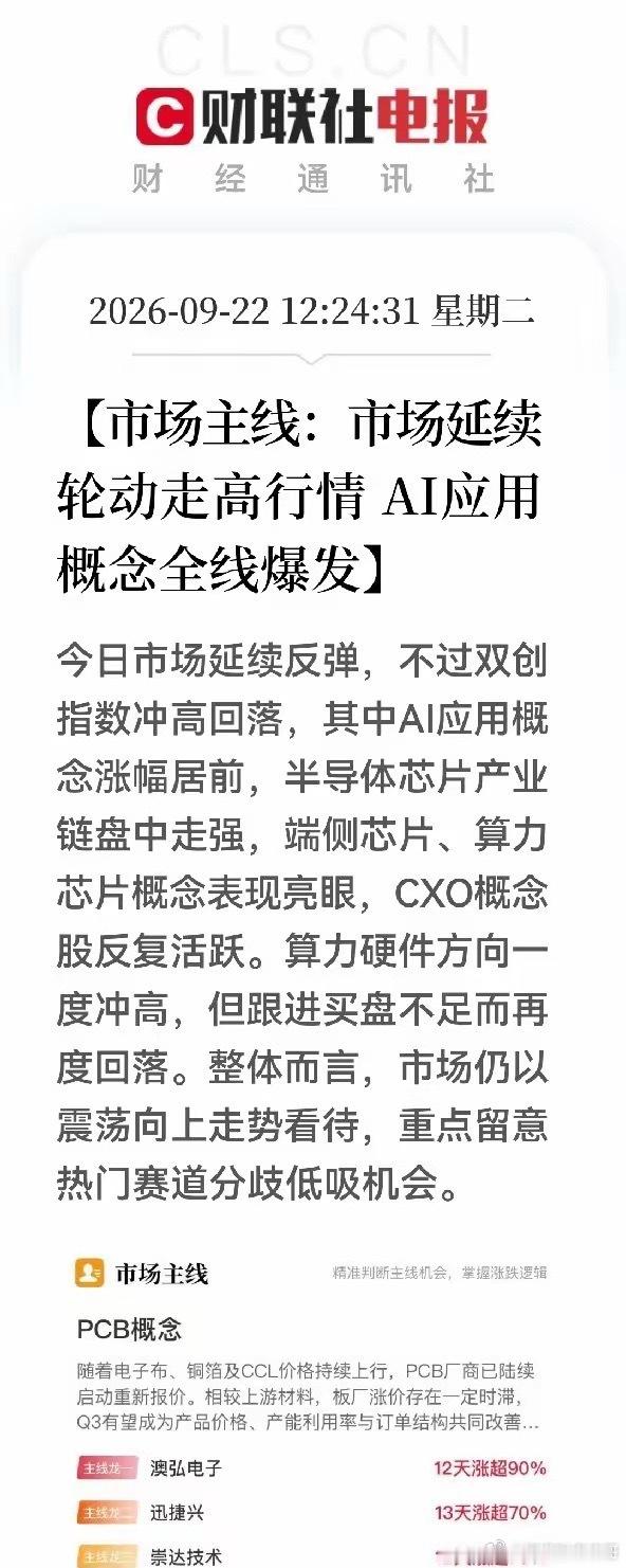 市场延续轮动走高行情！AI应用概念全线爆发～市场延续反弹，双创指数冲高回落，其中