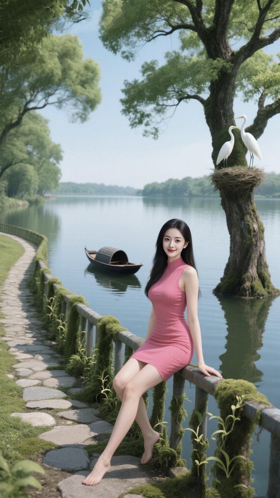 《湖畔小坐》
 
粉裙沾了苔色，
赤脚吻过石凉。
白鹭在树巅，
数着云的去向。