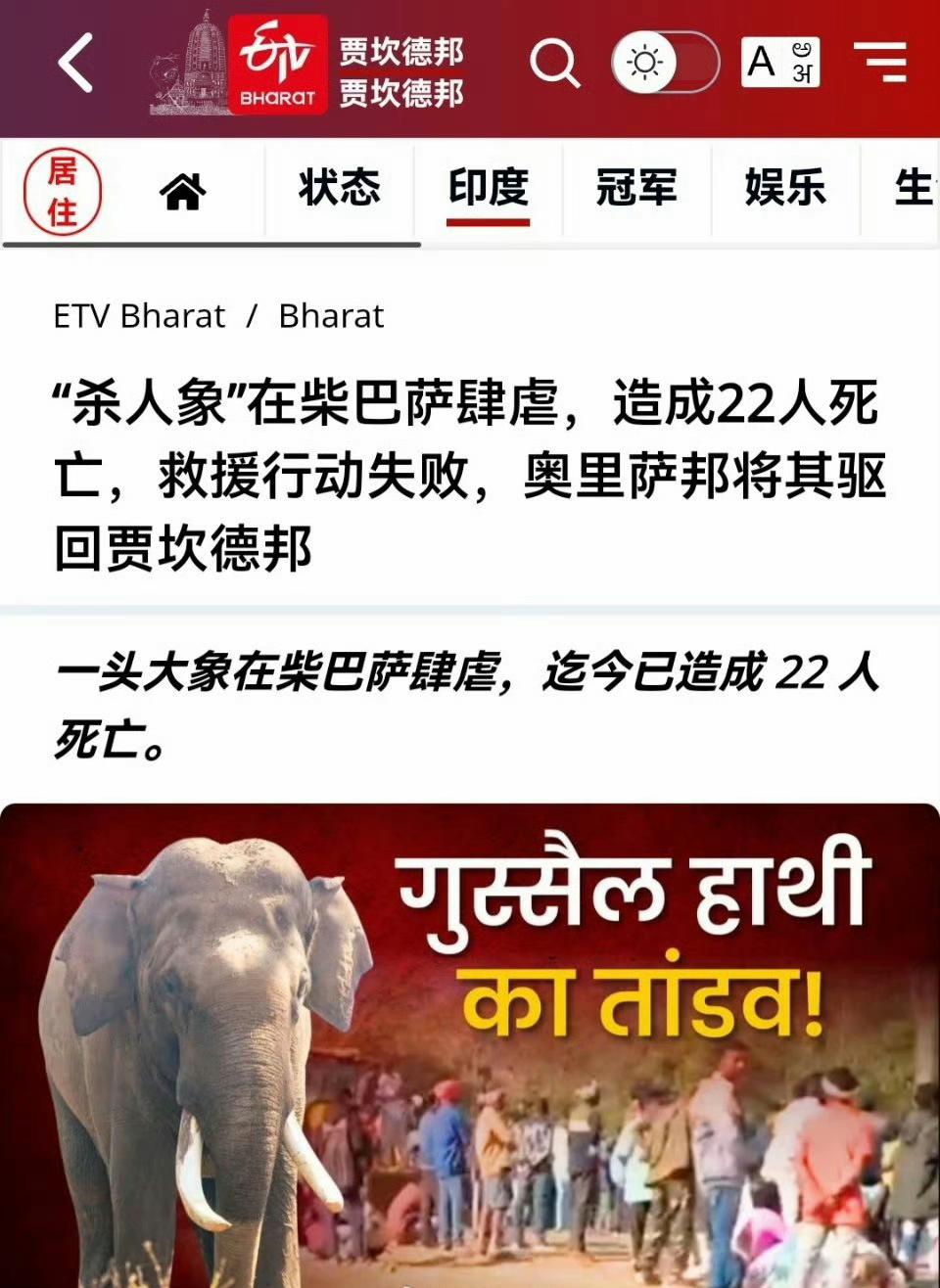 印度媒体报道，在印度贾坎德邦西辛格布姆地区，自1月初以来，一头大象多次袭击当地居