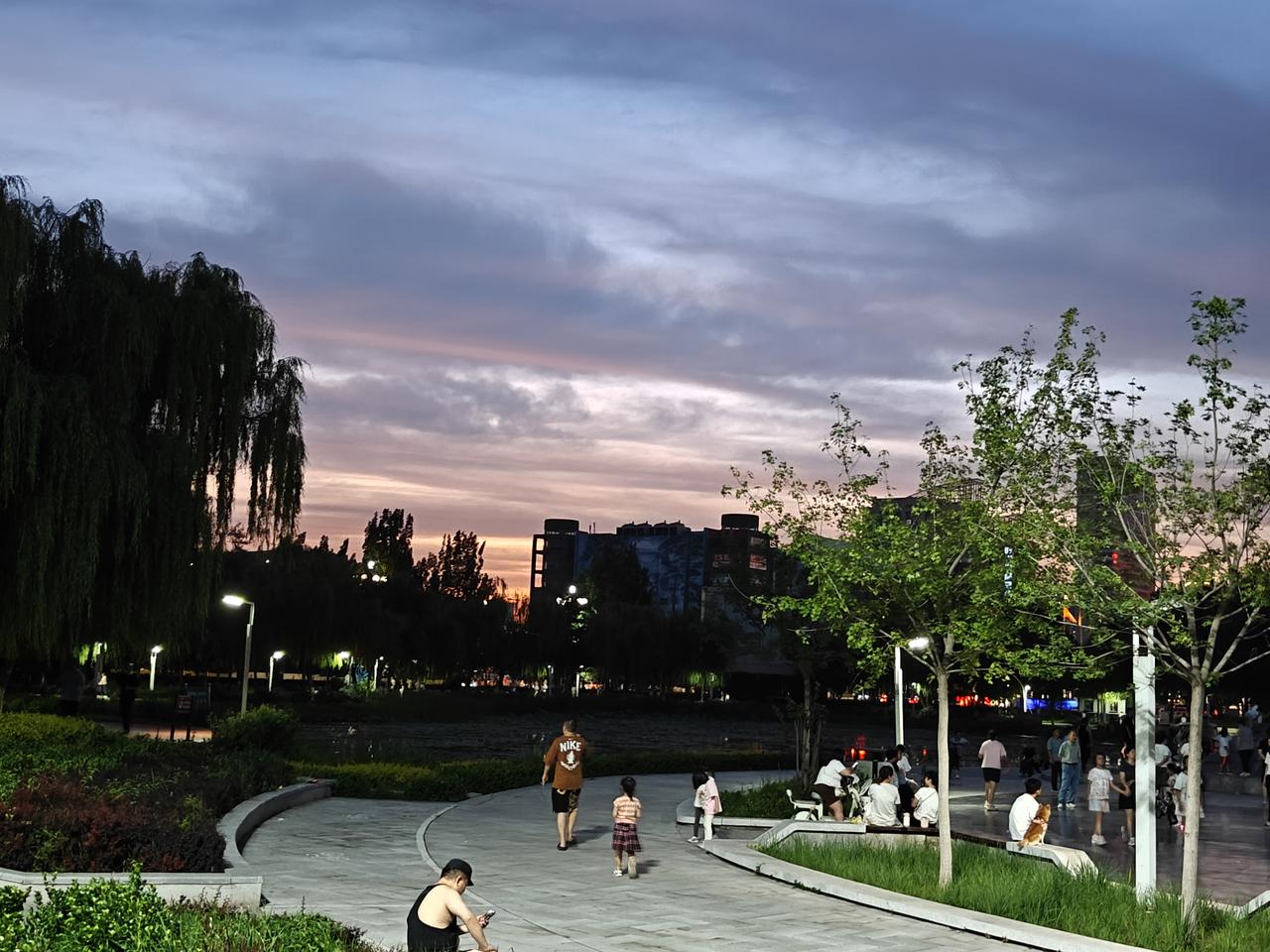 晒图笔记大赛天边晚霞似火，湖边柳丝低垂，广场舞迷正欢，人间美景如画。