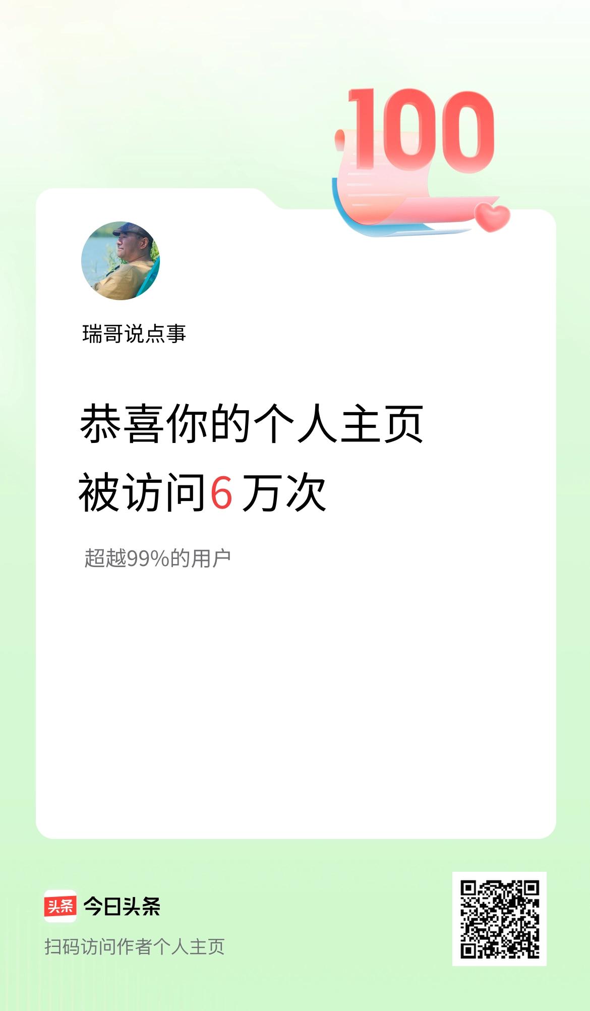 我的头条个人主页被访问6万次啦！