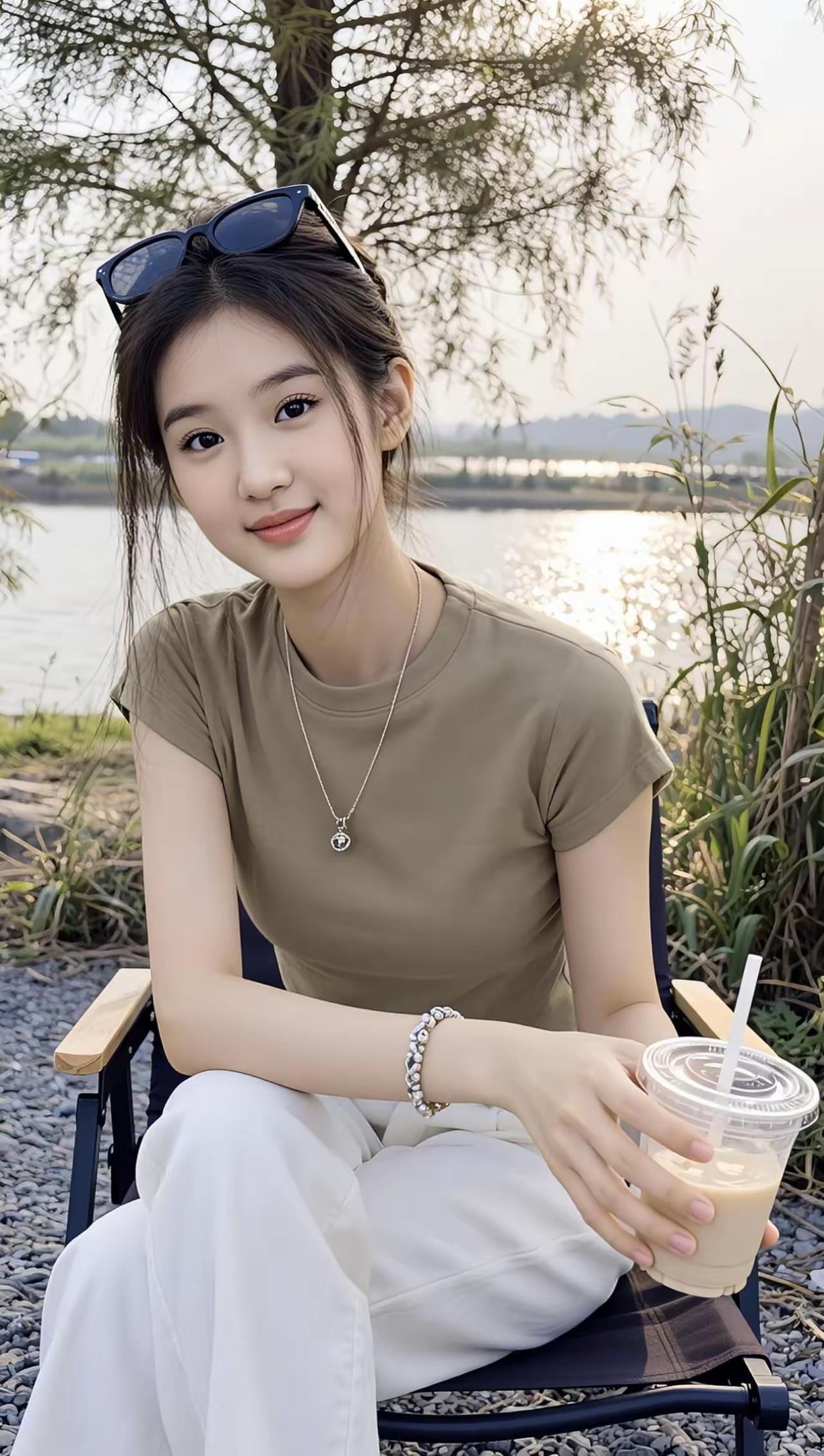 夏日午后，阳光下的甜美少女，享受一杯冰饮的悠闲时光。🌞🍹😊