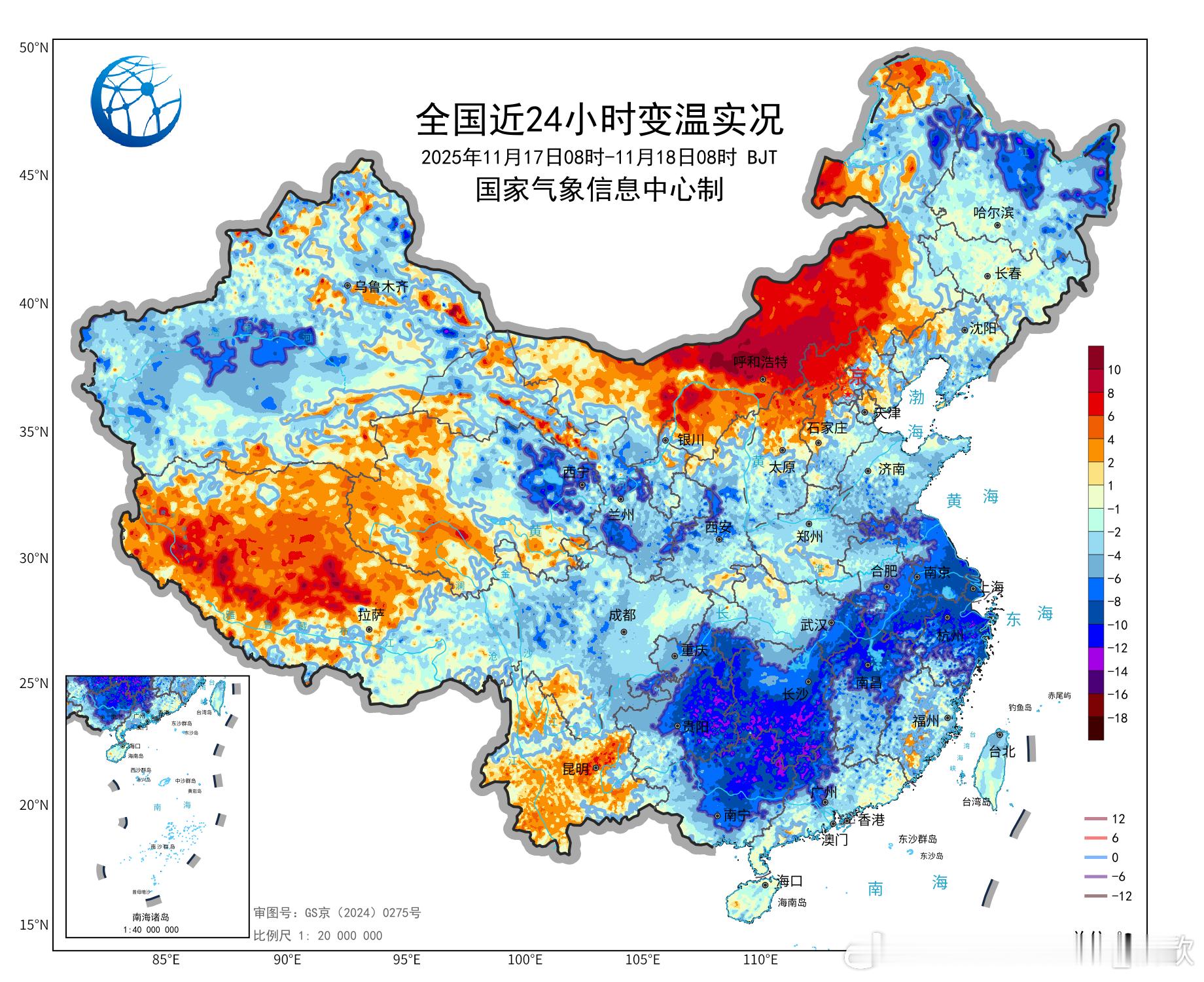 【气温创新低】今晨在寒潮影响下，中东部多地继续降温，最低气温0℃线推进到了淮河附