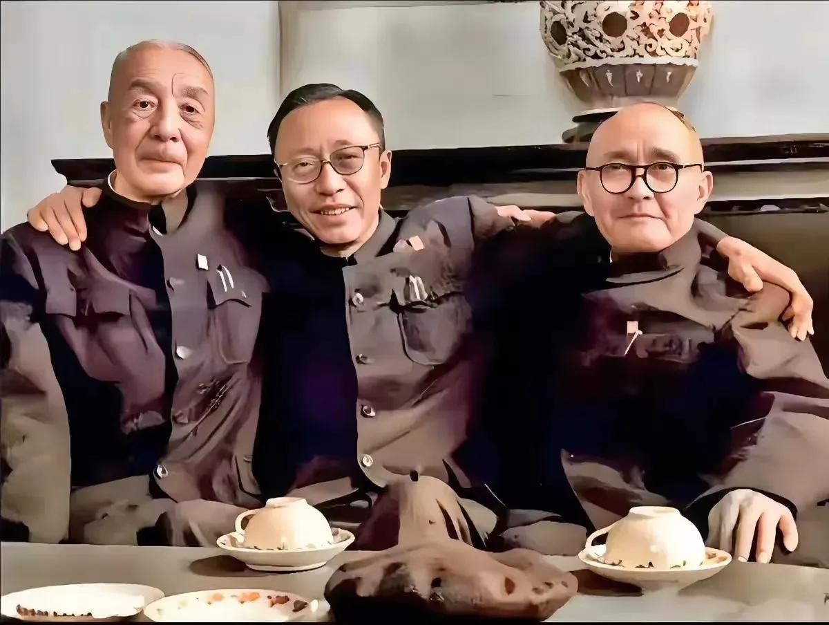 1961年辛亥革命50周年末代皇帝溥仪搂着两位昔日的仇人合影，只见溥仪坐正中间，