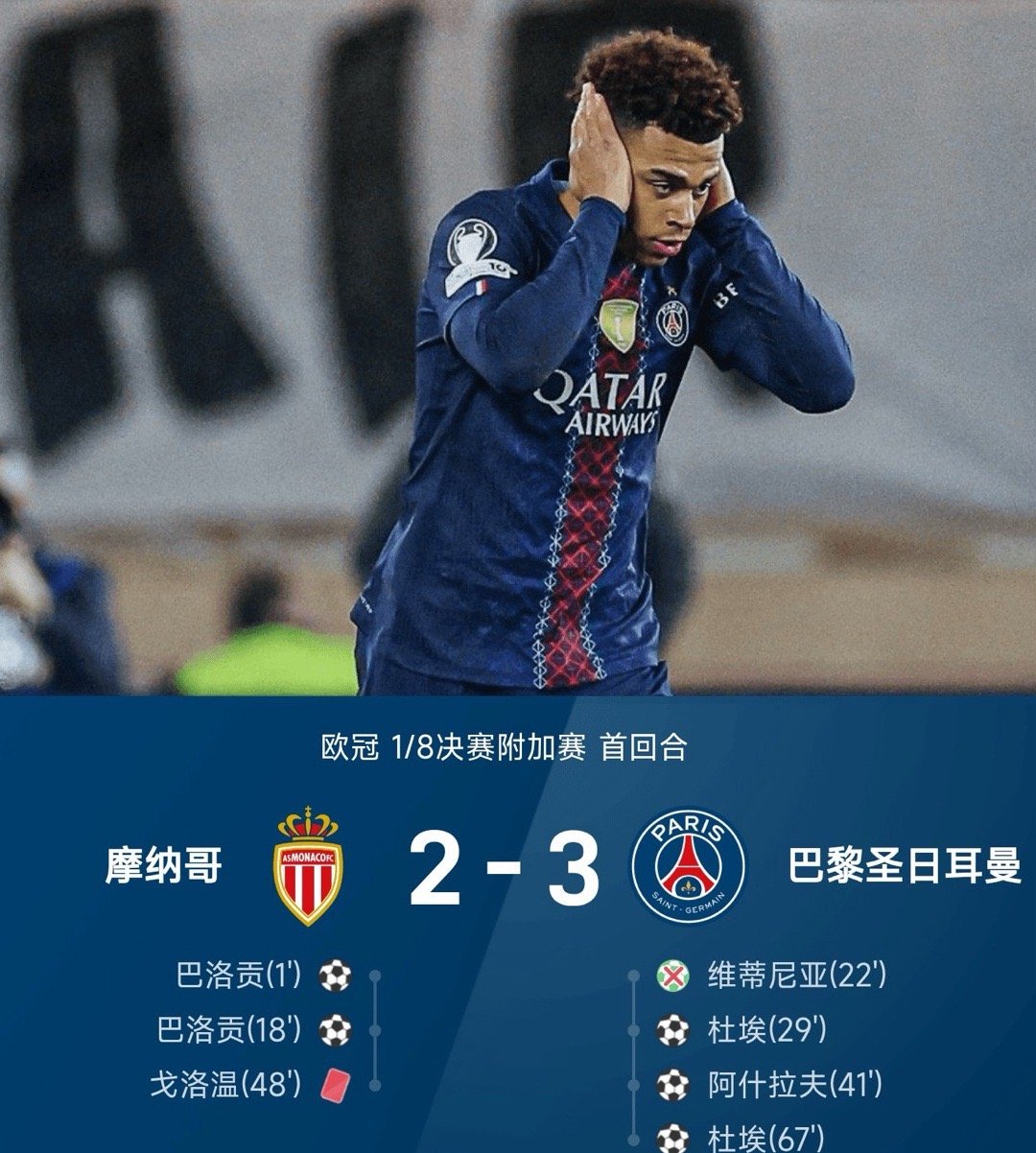 欧冠1/8决赛附加赛首回合，巴黎圣日耳曼3-2战胜摩纳哥抢得先机。双方将在北京时
