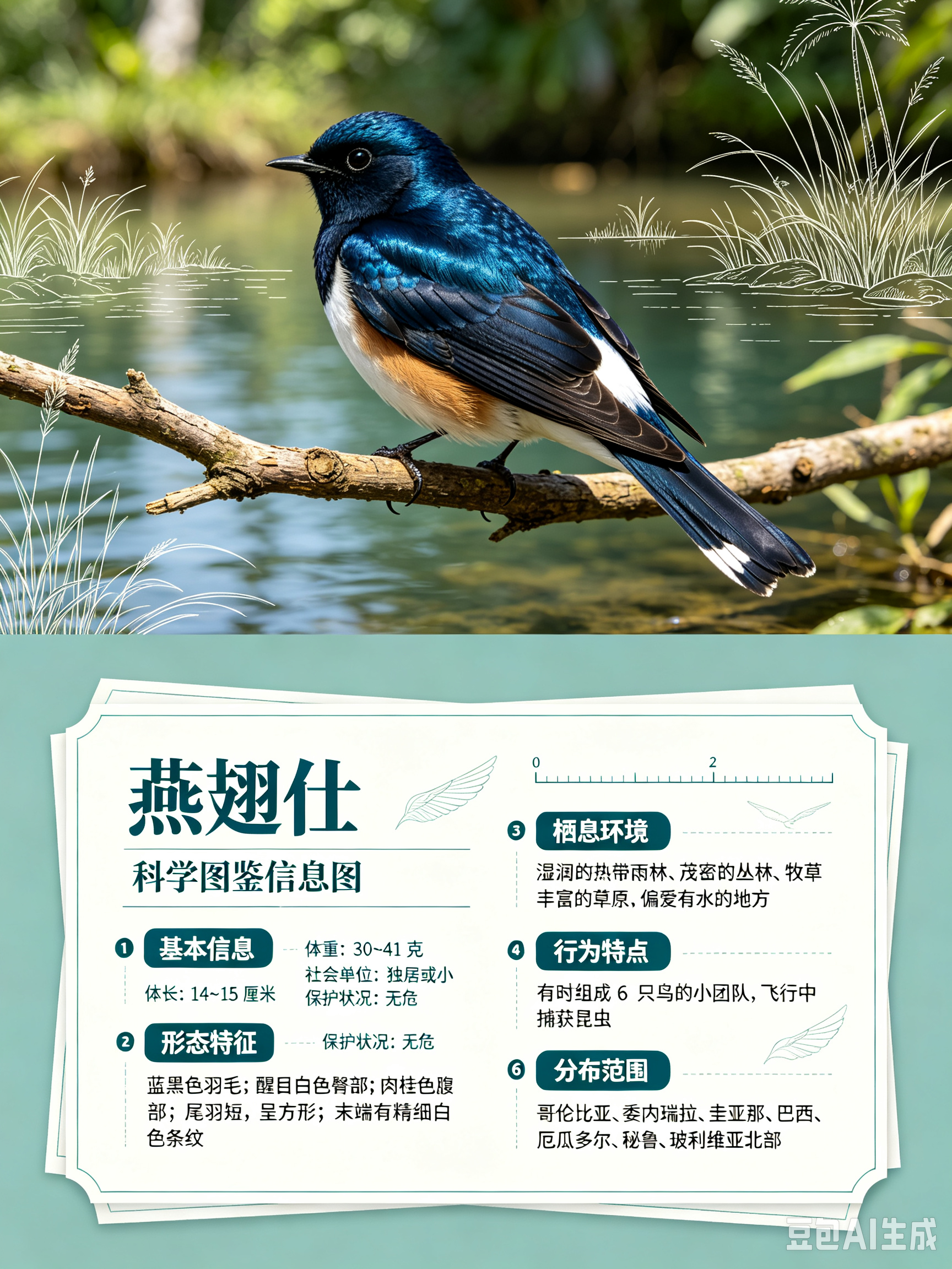鸟类朋友图鉴 燕翅体长：14~15 厘米体重：30~41 克社会单位：独居或小型
