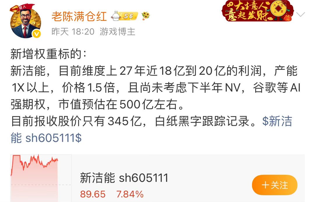 昨天发布的新增标的，新洁能，昨天报收市值只有300多亿，日内加速逆势短爆红7报收