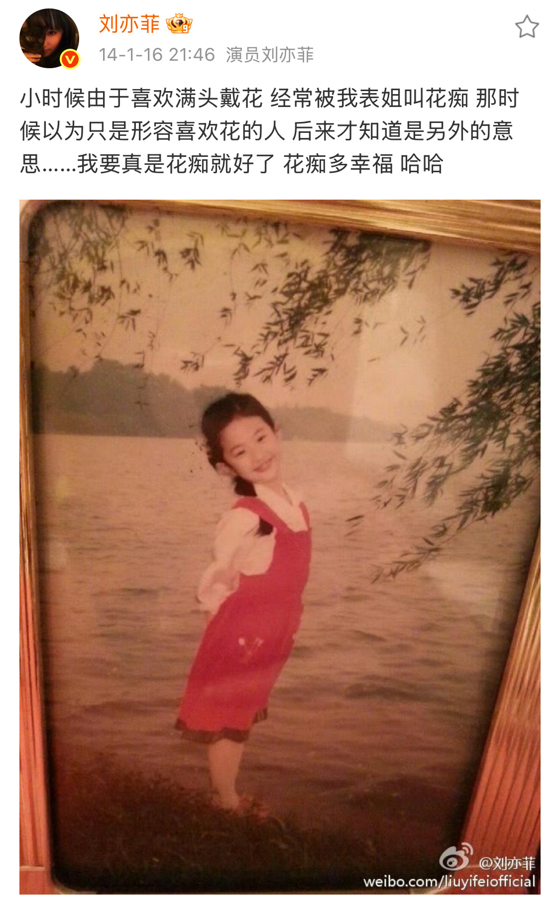 刘亦菲说自己从小爱戴花是真的[哈哈] ​​​