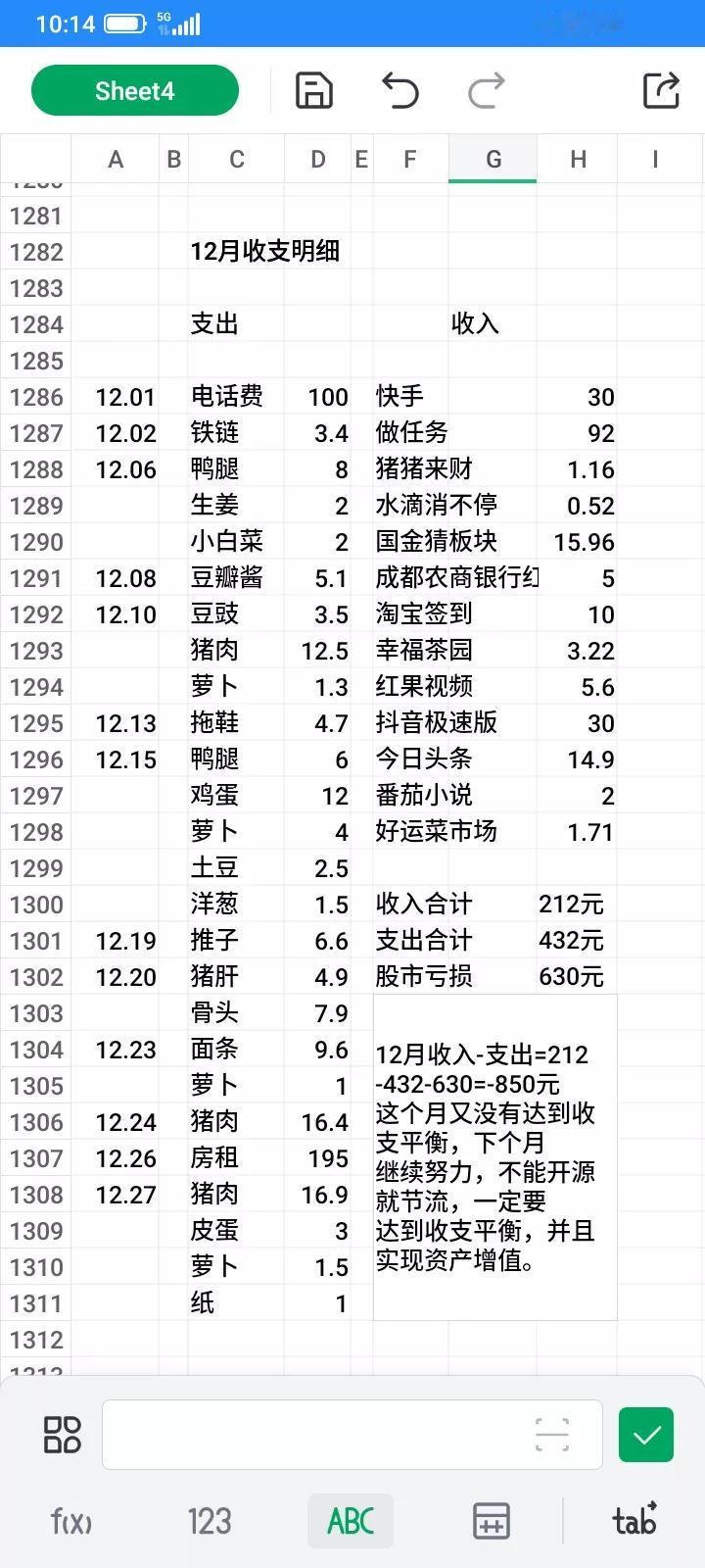 12月收入-支出=212-432-630=-850元
这个月又没有达到收支平衡，