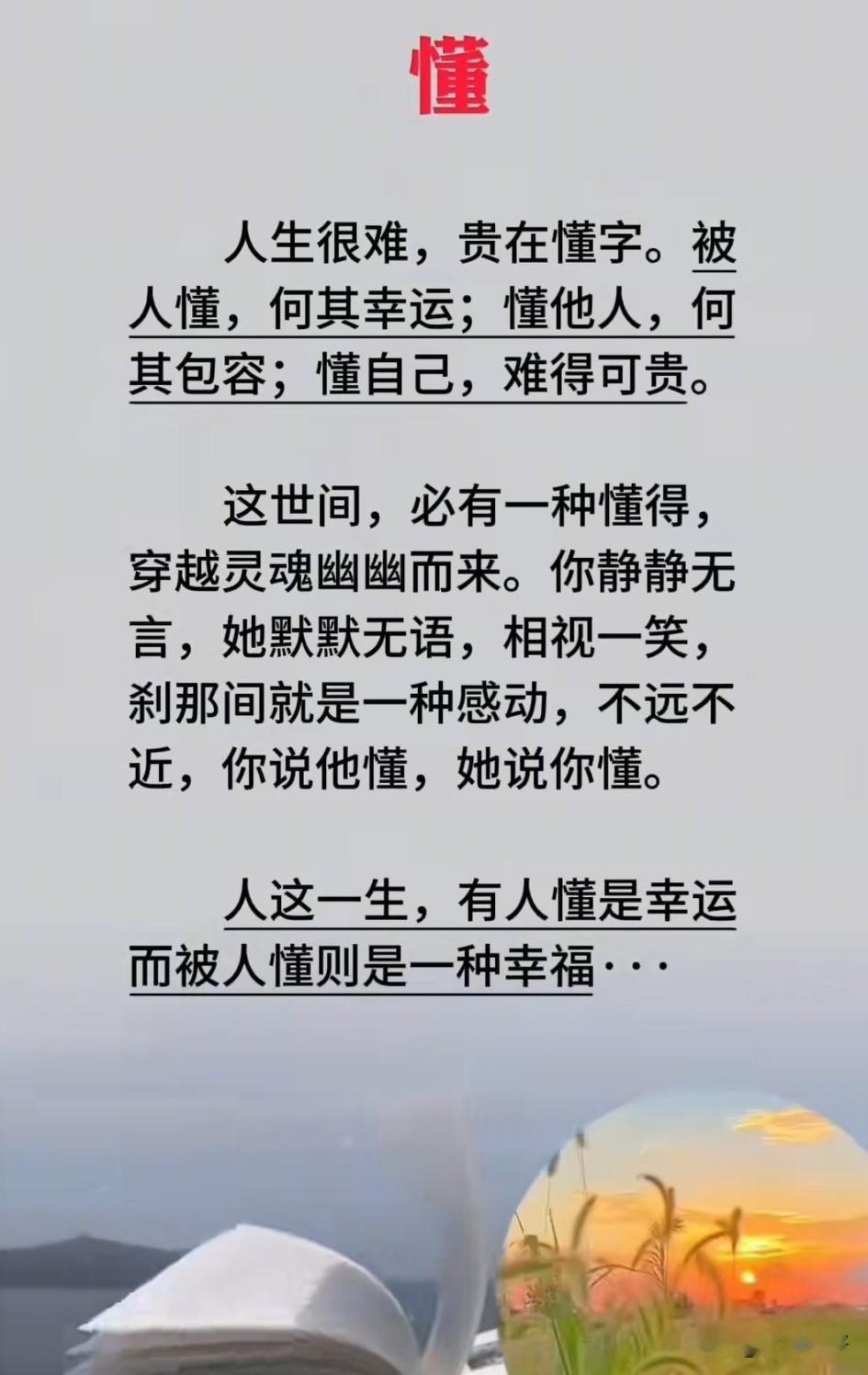 懂是一座桥梁，
能让人与人的心灵沟通；
懂是一种理解，
明白他人的欲言又止；
懂