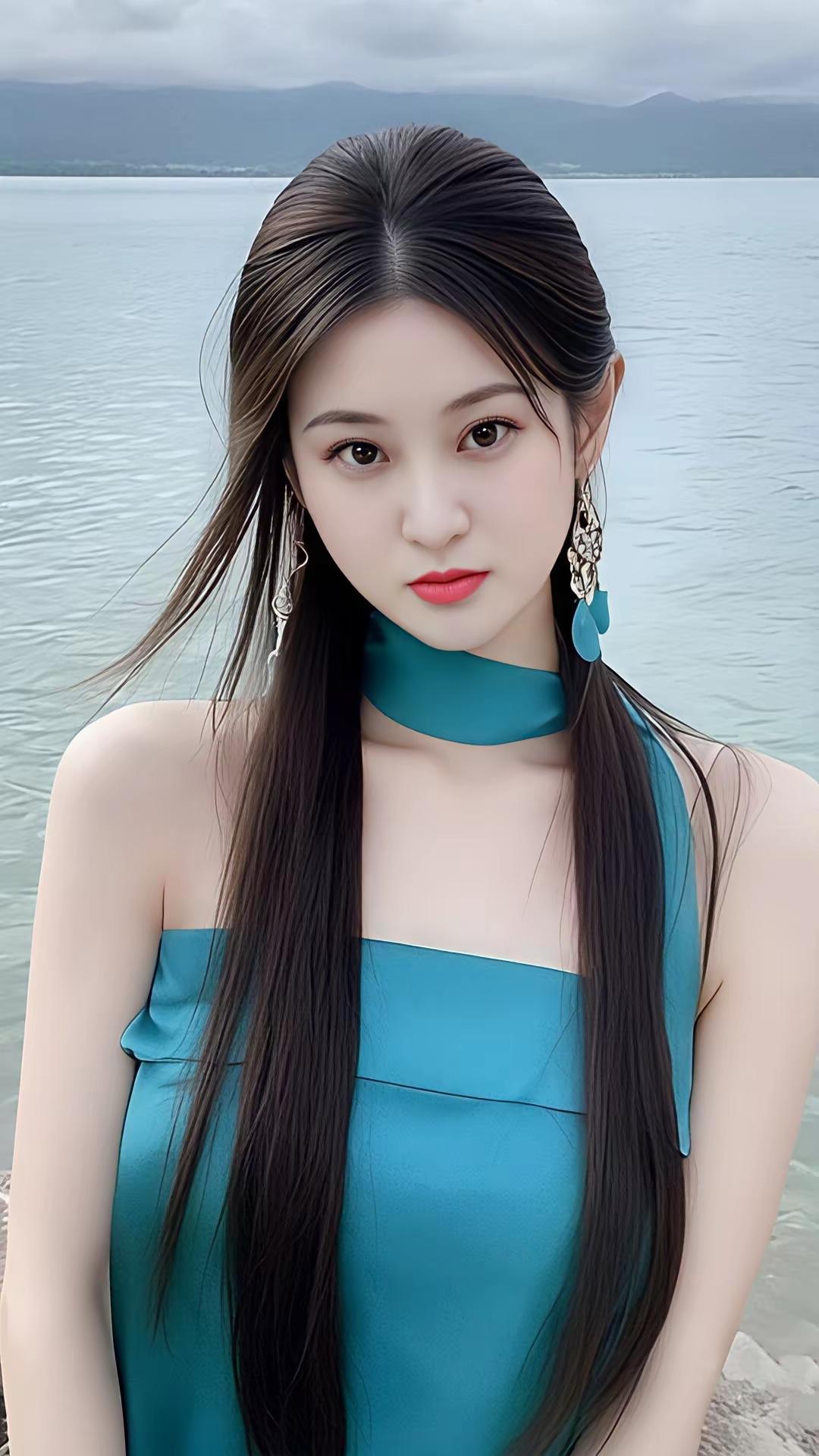 在那片广袤无垠的海边，有一位身着碧蓝长裙的少女。那裙子的颜色，就像大海深处最静谧