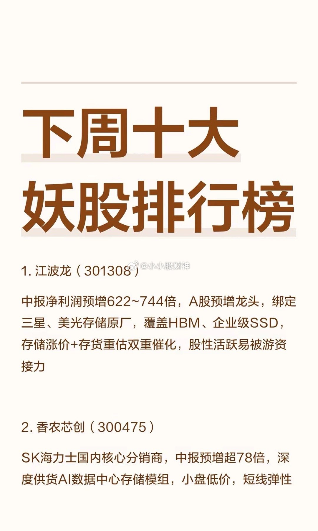 下周十大妖股排行榜1. 江波龙（301308）：中报净利润预增622~744倍，