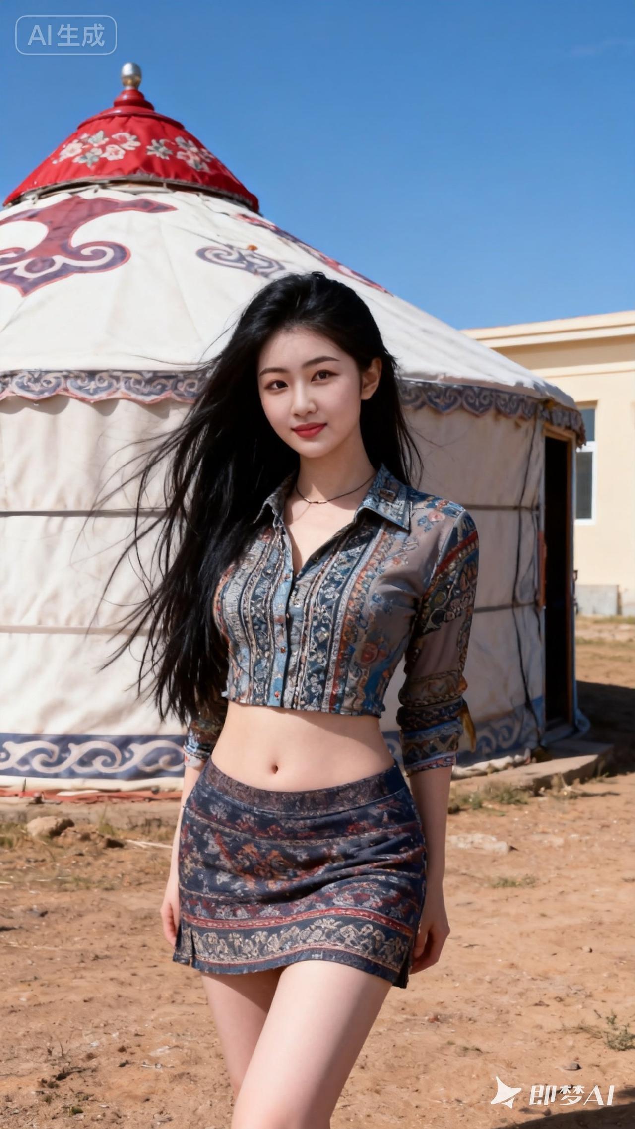 在蒙古包前，穿民族风服饰的少女，阳光明媚的一天
