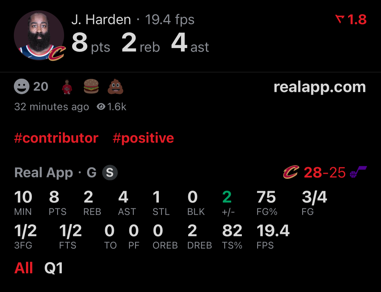 第一节比赛结束，骑士领先2分哈登单节8分4助攻！感觉怎么样👀 