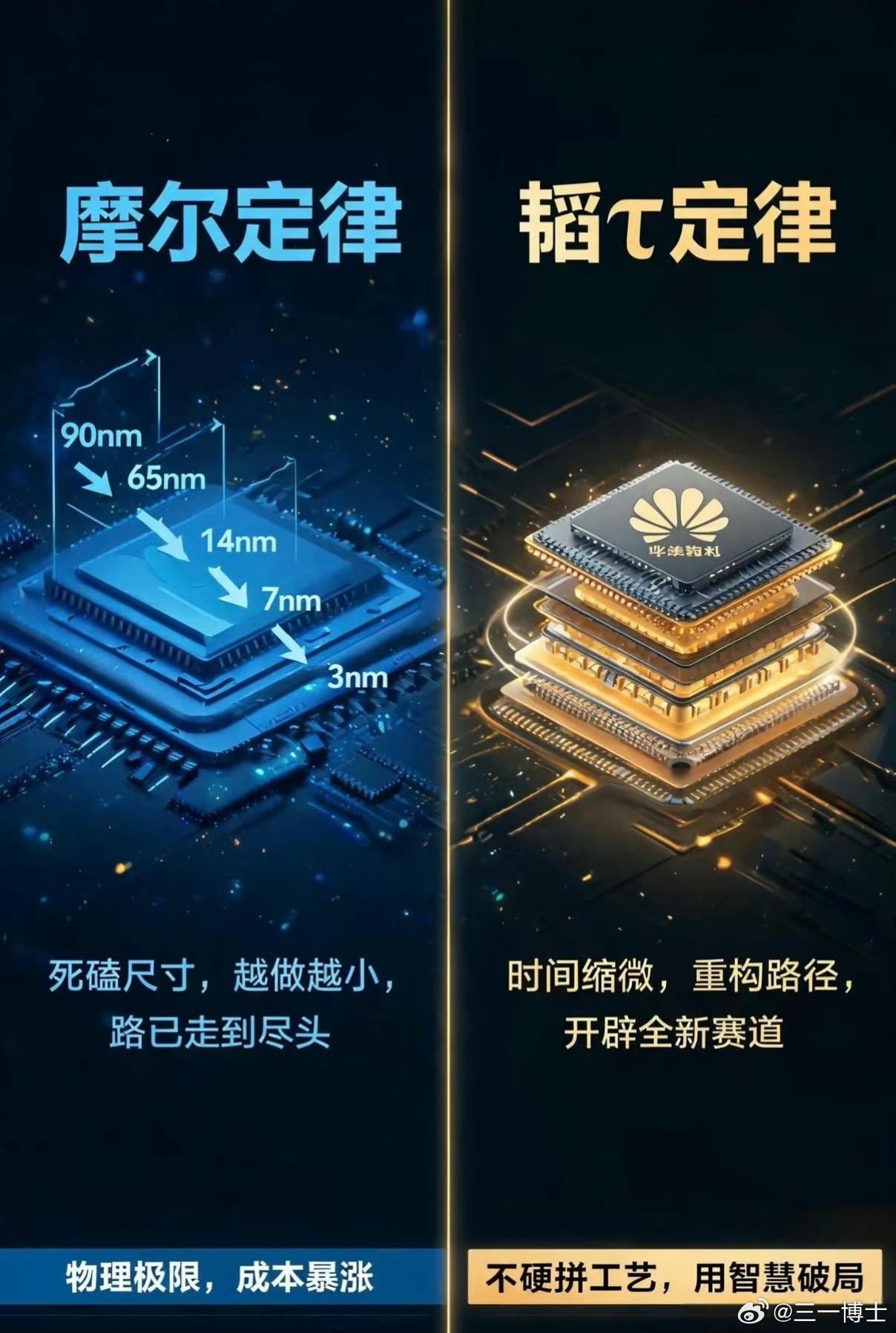 华为新技术逻辑折叠非3D堆叠3D堆叠更像把芯片从平面摊开变成立体叠放，能省面积，