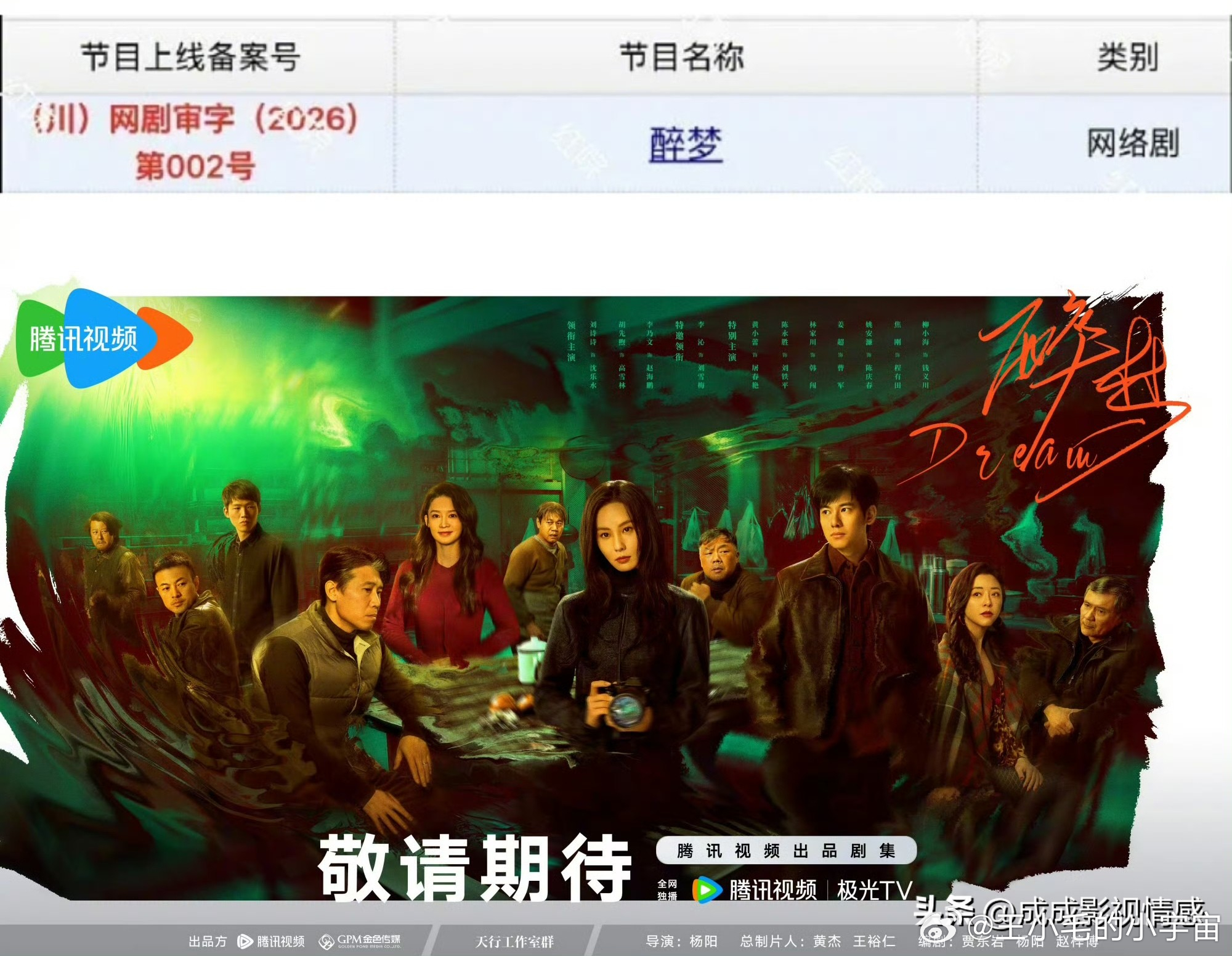 刘诗诗、胡先煦、李沁主演的悬疑剧《醉梦》过审下证了，16集，网播腾讯。该剧主创是